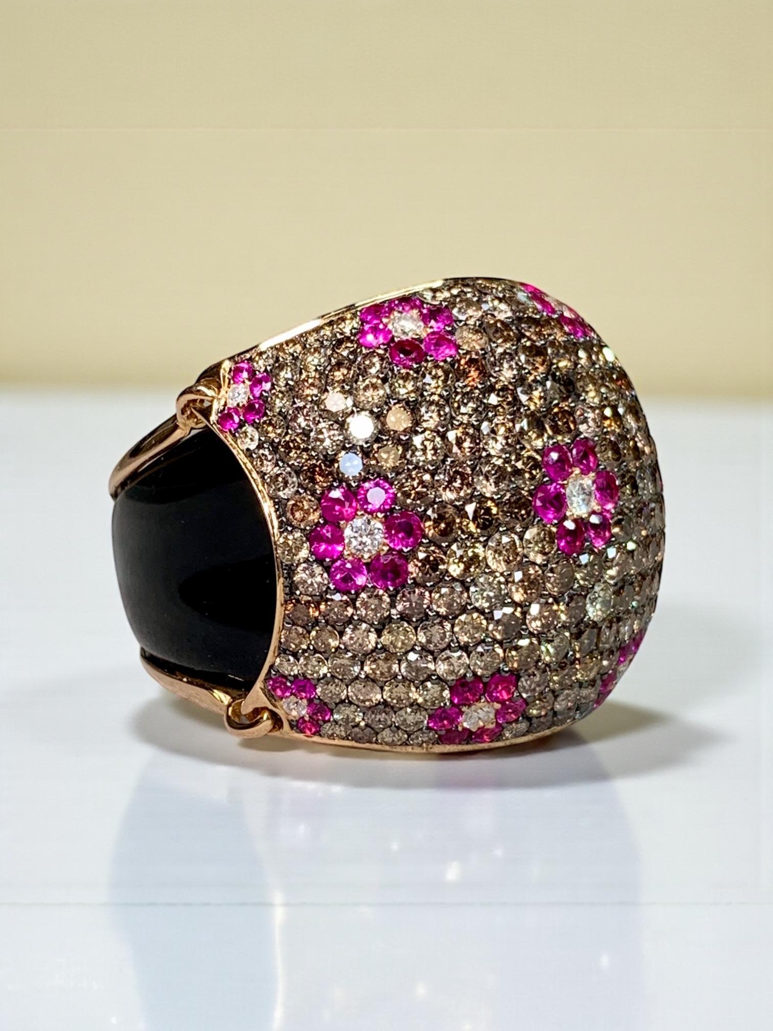 Or rose 18K Onyx Diamant brun Saphir rose  Bombe florale bague cocktail en vente 11