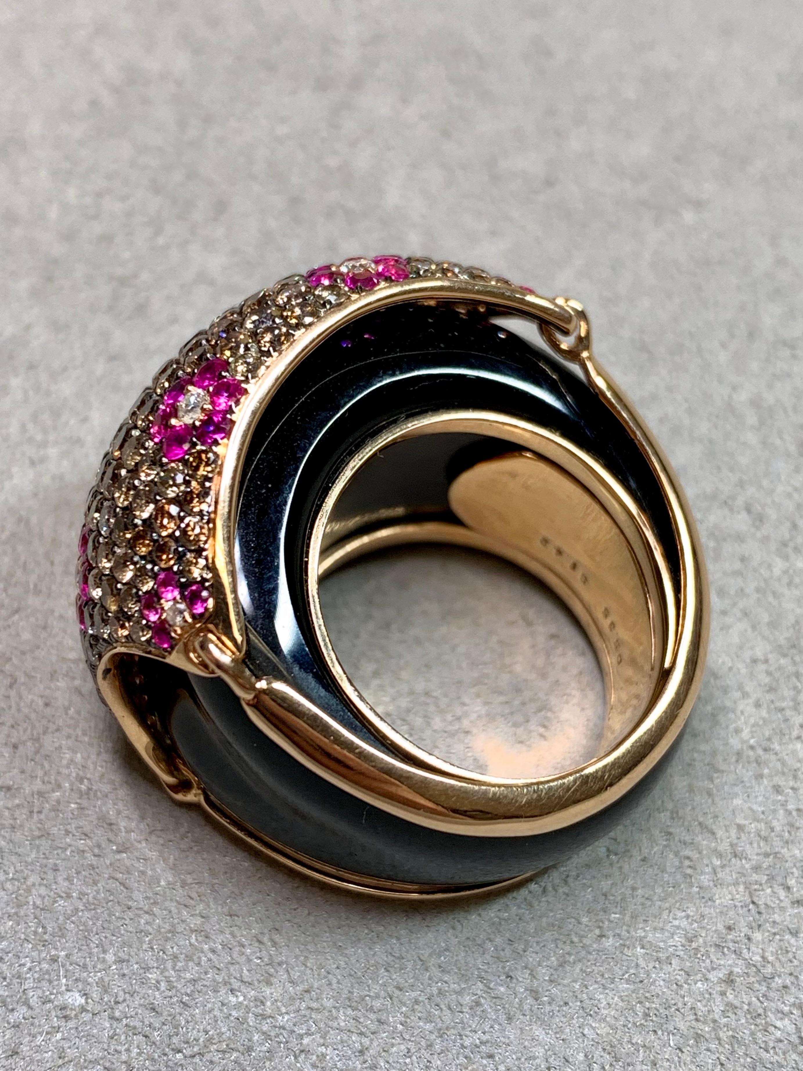 Or rose 18K Onyx Diamant brun Saphir rose  Bombe florale bague cocktail Excellent état - En vente à Winter Springs, FL