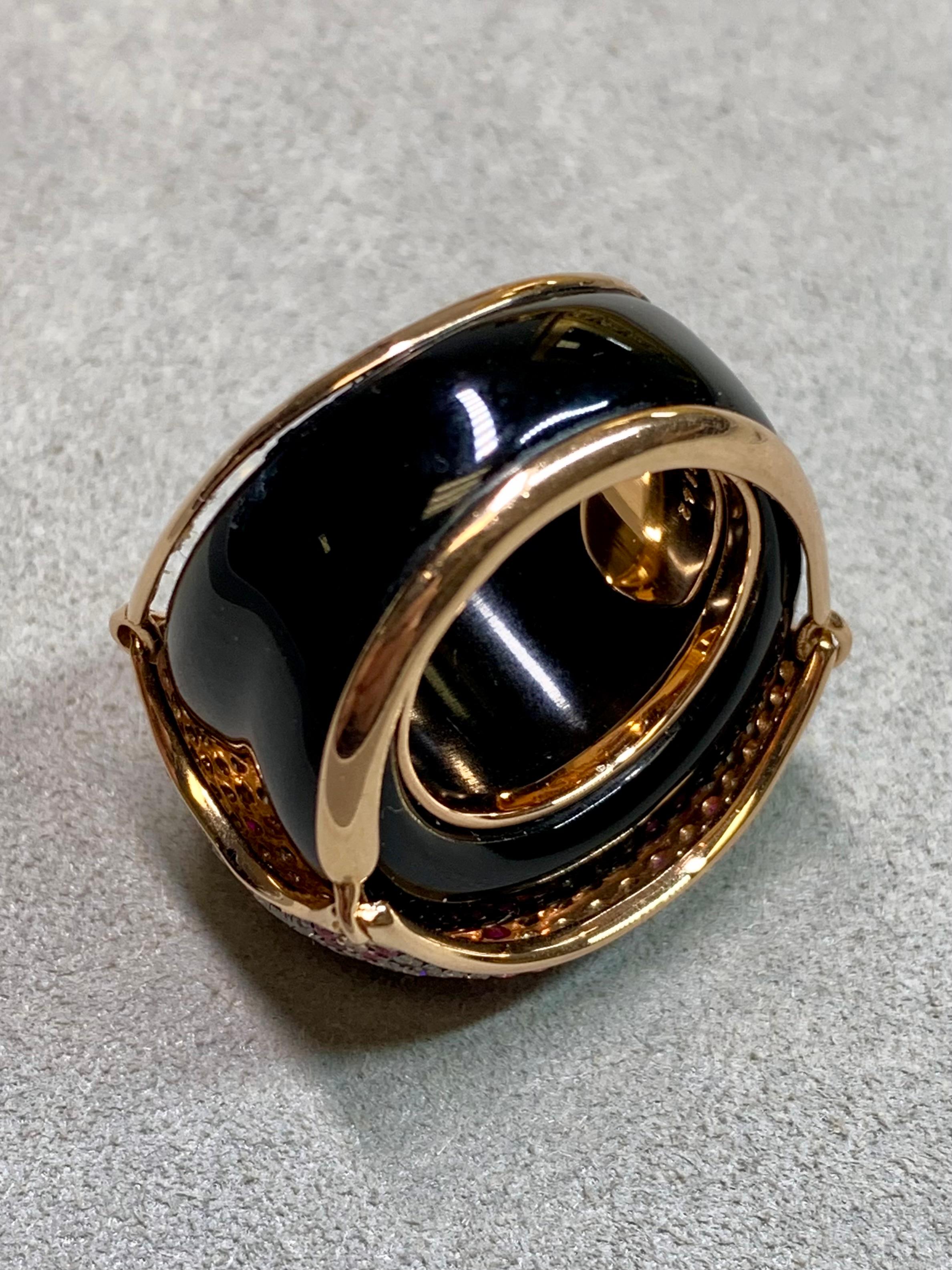 Or rose 18K Onyx Diamant brun Saphir rose  Bombe florale bague cocktail Unisexe en vente