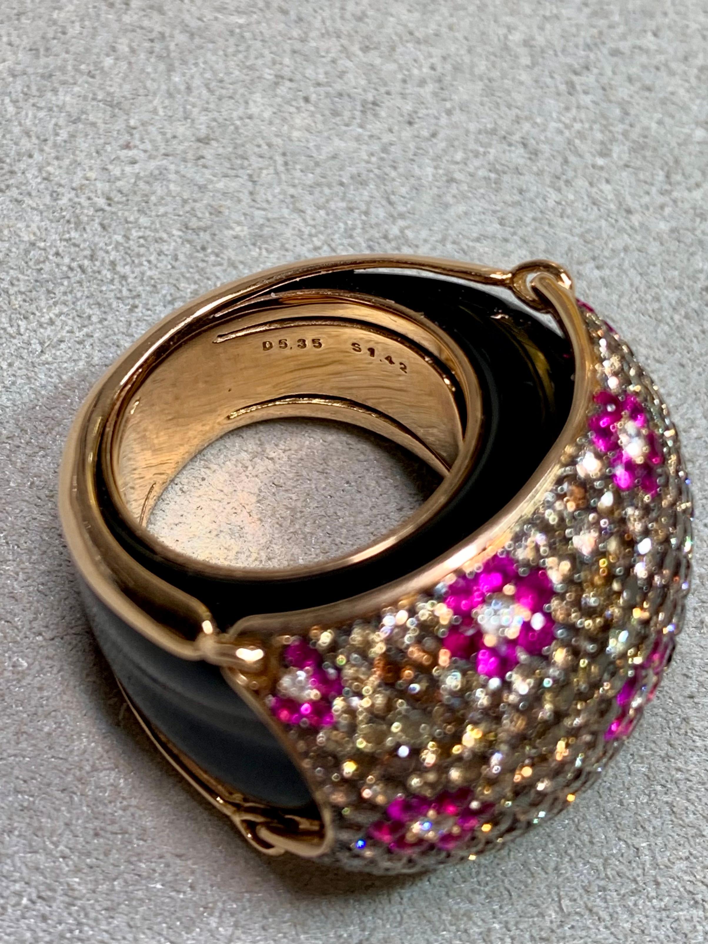 Or rose 18K Onyx Diamant brun Saphir rose  Bombe florale bague cocktail en vente 1