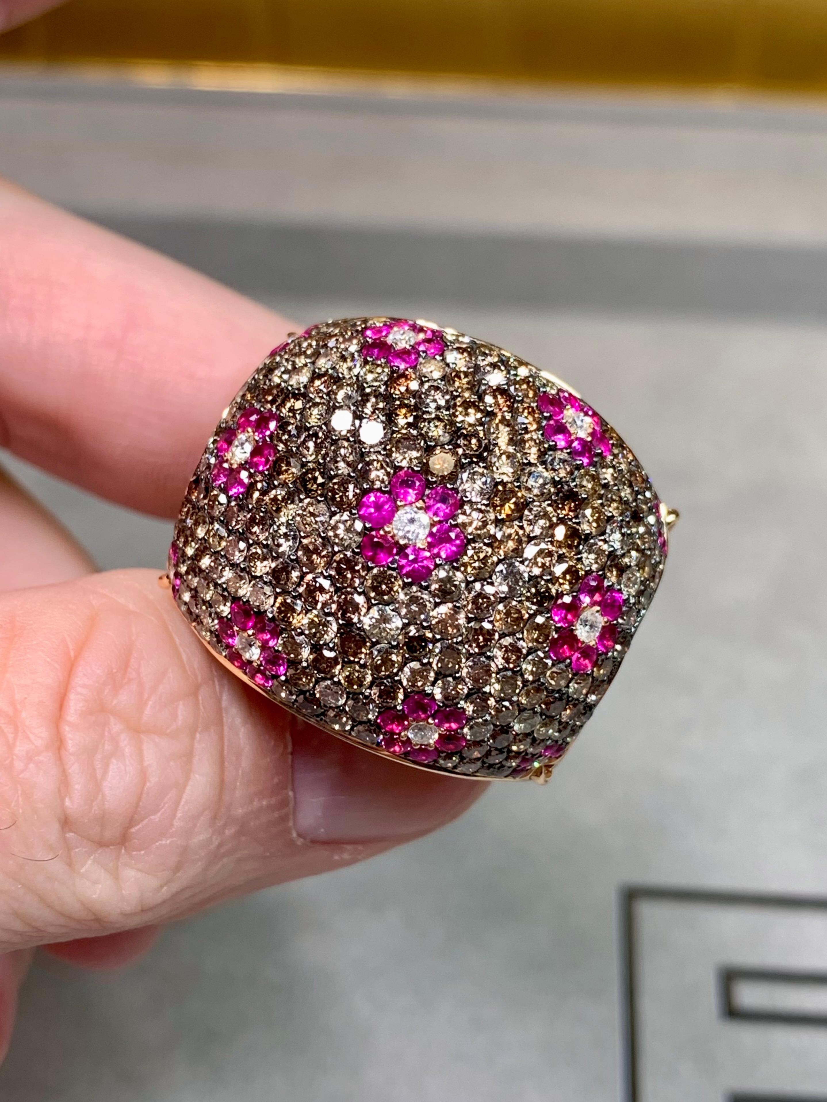 Or rose 18K Onyx Diamant brun Saphir rose  Bombe florale bague cocktail en vente 2