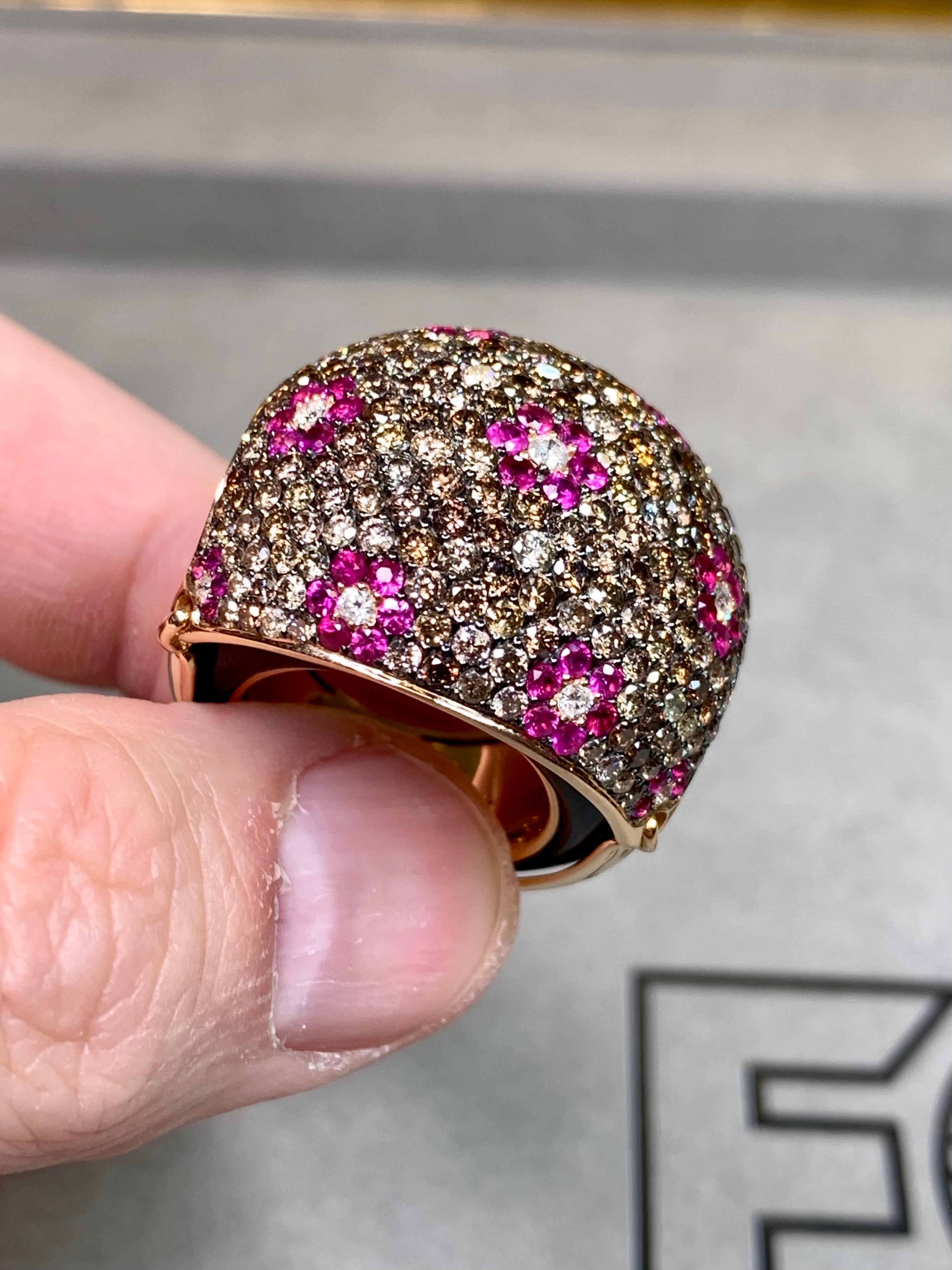 Or rose 18K Onyx Diamant brun Saphir rose  Bombe florale bague cocktail en vente 3