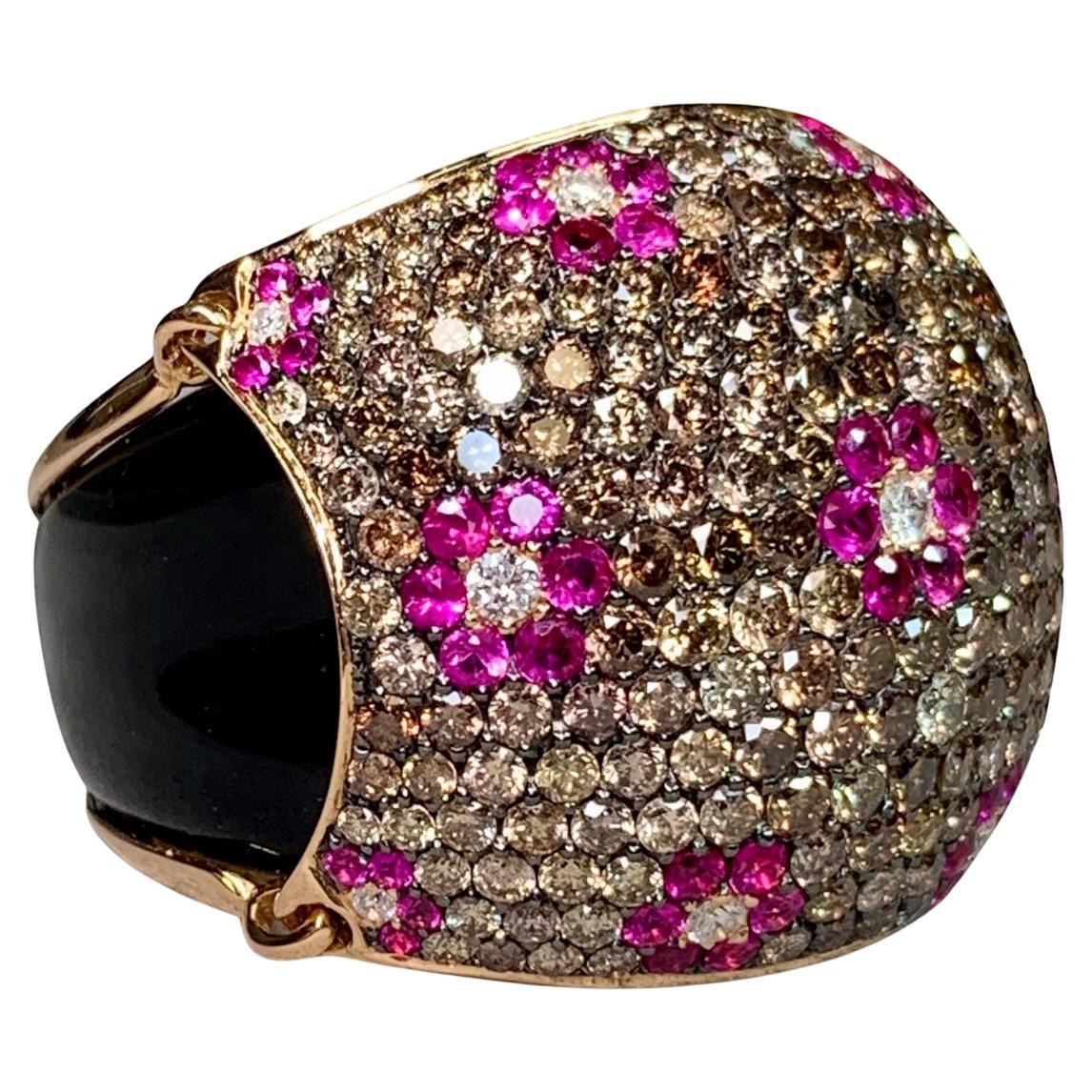 Oro rosa 18 carati Onice marrone Diamante Pink Diamond Anello da cocktail con cupola a bombe floreali