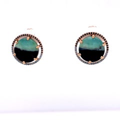 18 Karat Gold Opal and Petrified Wood Studs with Black and Blue Diamond Halo