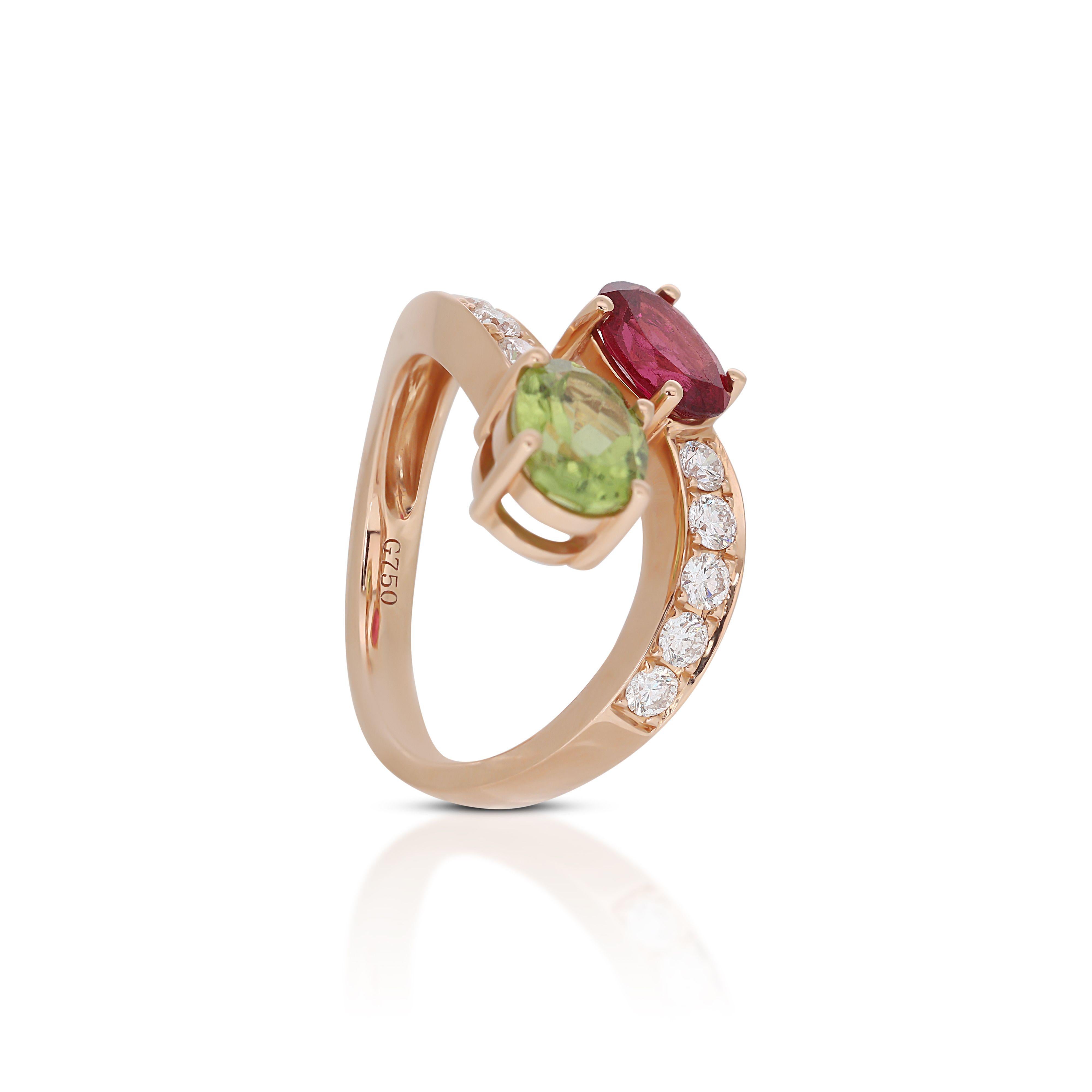 18k Rose Gold Open Ring w/ 2.38ct Peridot Tourmaline & Natural Diamonds IGI Cert For Sale 6
