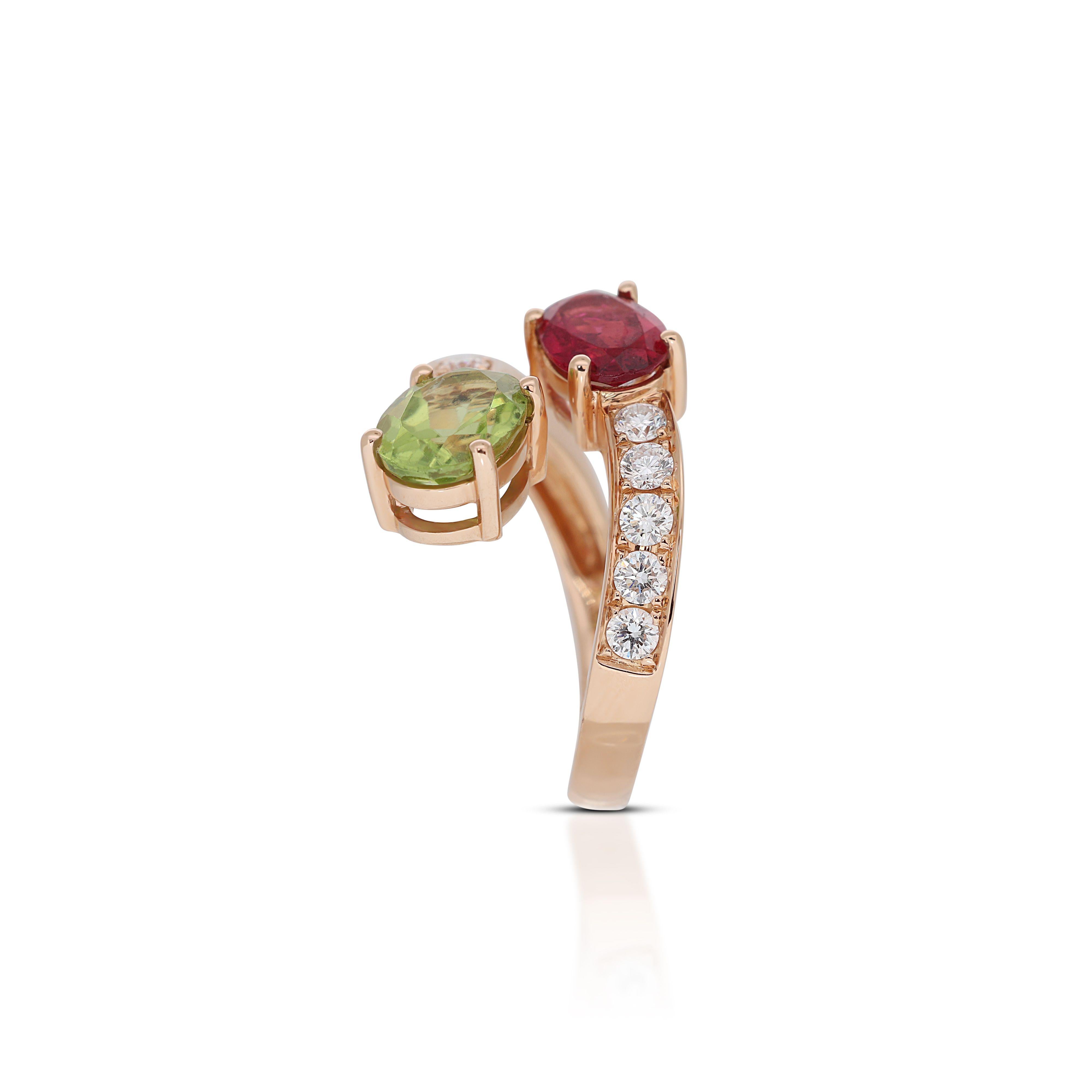 18k Rose Gold Open Ring w/ 2.38ct Peridot Tourmaline & Natural Diamonds IGI Cert For Sale 4