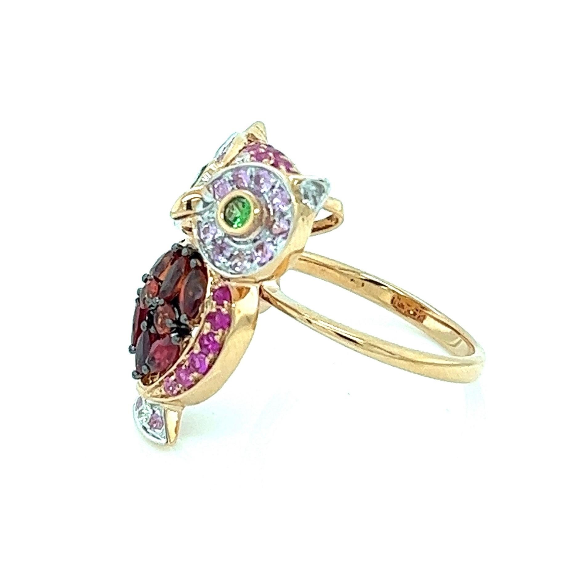 Modern 18K Rose Gold Orange Sapphire & Blue Sapphire Owl Ring with Diamonds For Sale