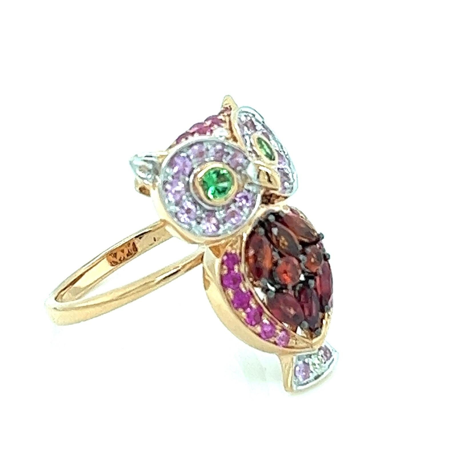 Round Cut 18K Rose Gold Orange Sapphire & Blue Sapphire Owl Ring with Diamonds For Sale