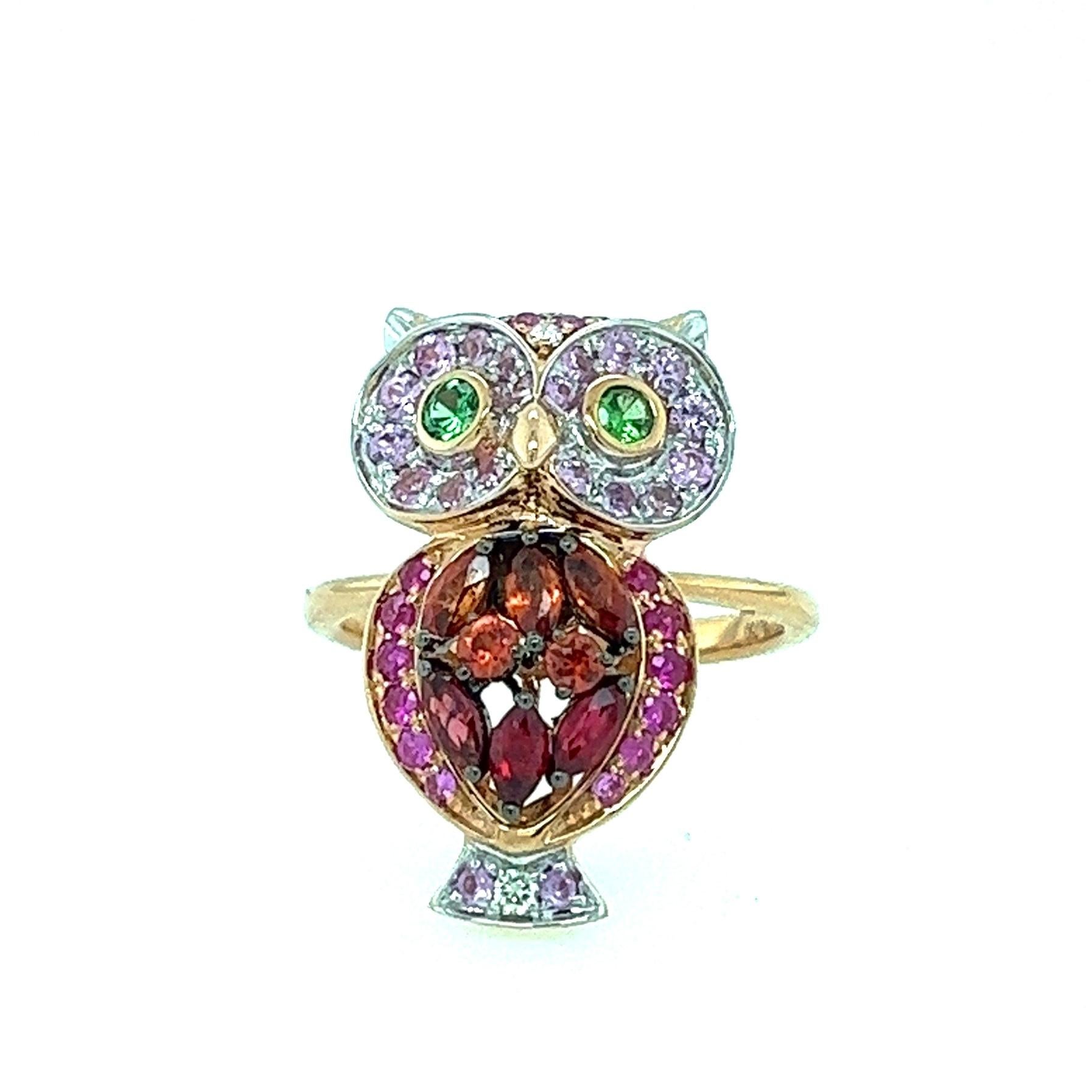 18K Rose Gold Orange Sapphire & Blue Sapphire Owl Ring with Diamonds In New Condition For Sale In Hong Kong, HK
