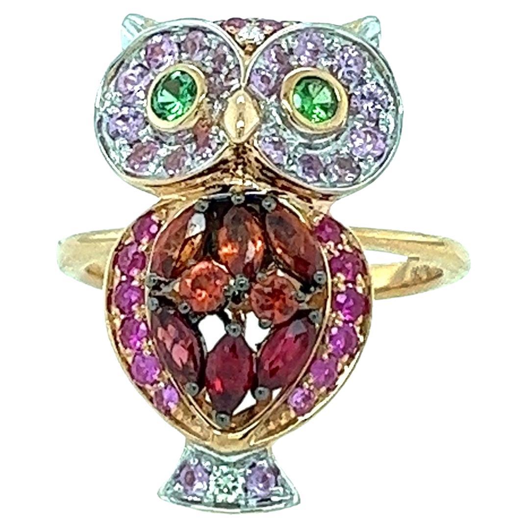 18K Rose Gold Orange Sapphire & Blue Sapphire Owl Ring with Diamonds For Sale