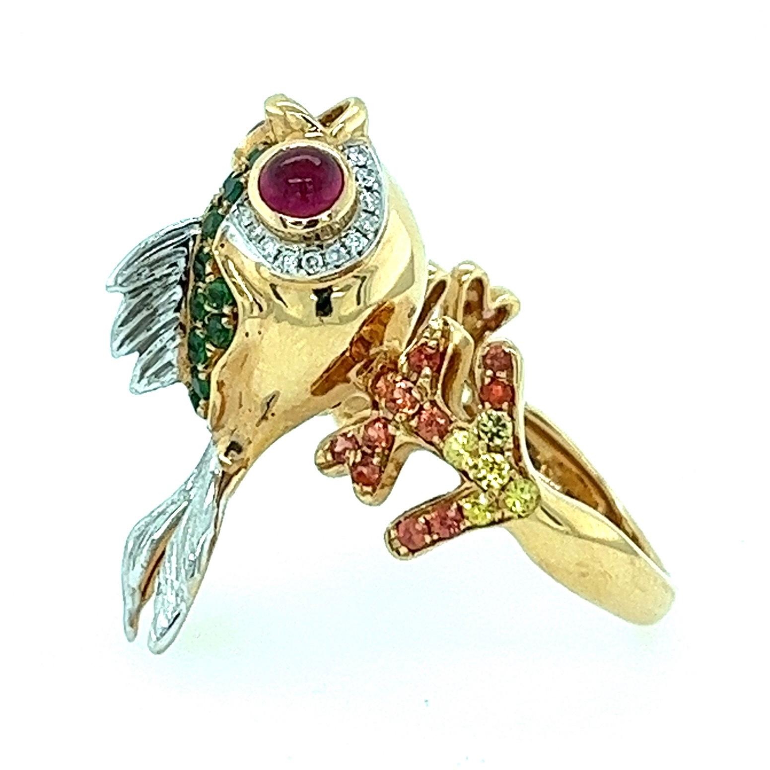 Modern 18K Rose Gold Orange Sapphire & Ruby Gold Fish Ring with Diamonds For Sale