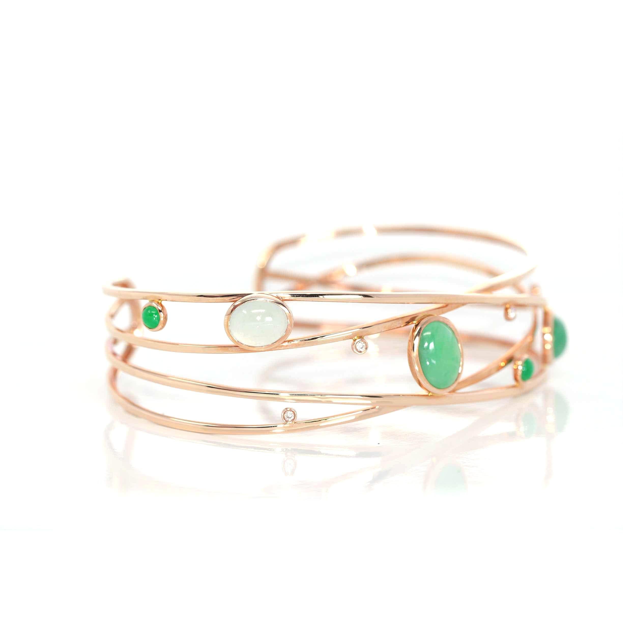 Taille ovale Bracelet jonc ovale en or rose 18 carats avec jadéite, jade et diamants en vente