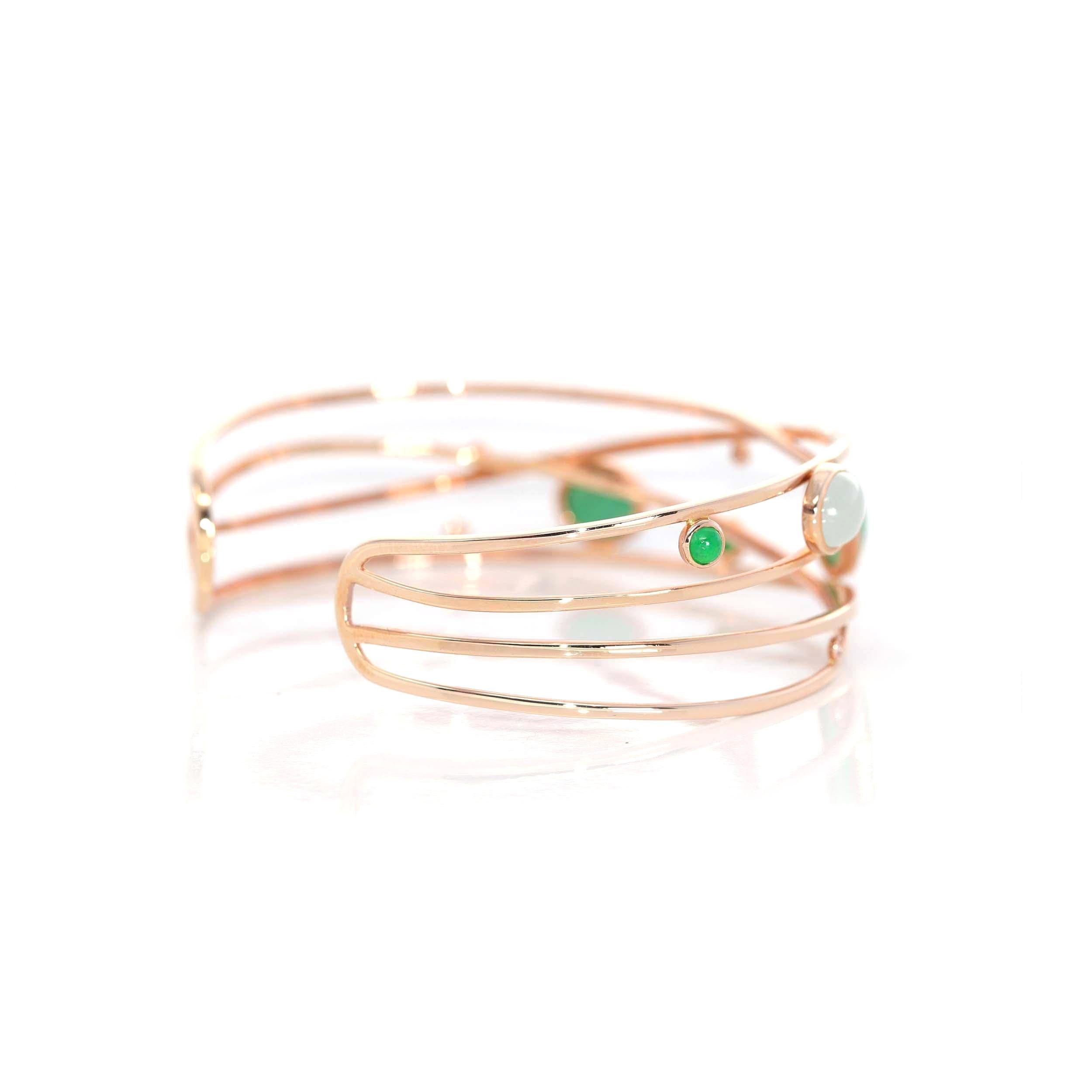 18k Rose Gold Oval Bracelet Bangle with Jadeite Jade & Diamonds In New Condition For Sale In Portland, OR