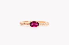 18K Rose Gold Oval Cut Natural Ruby and Bezel Set Diamond Ribbed Stackable Ring