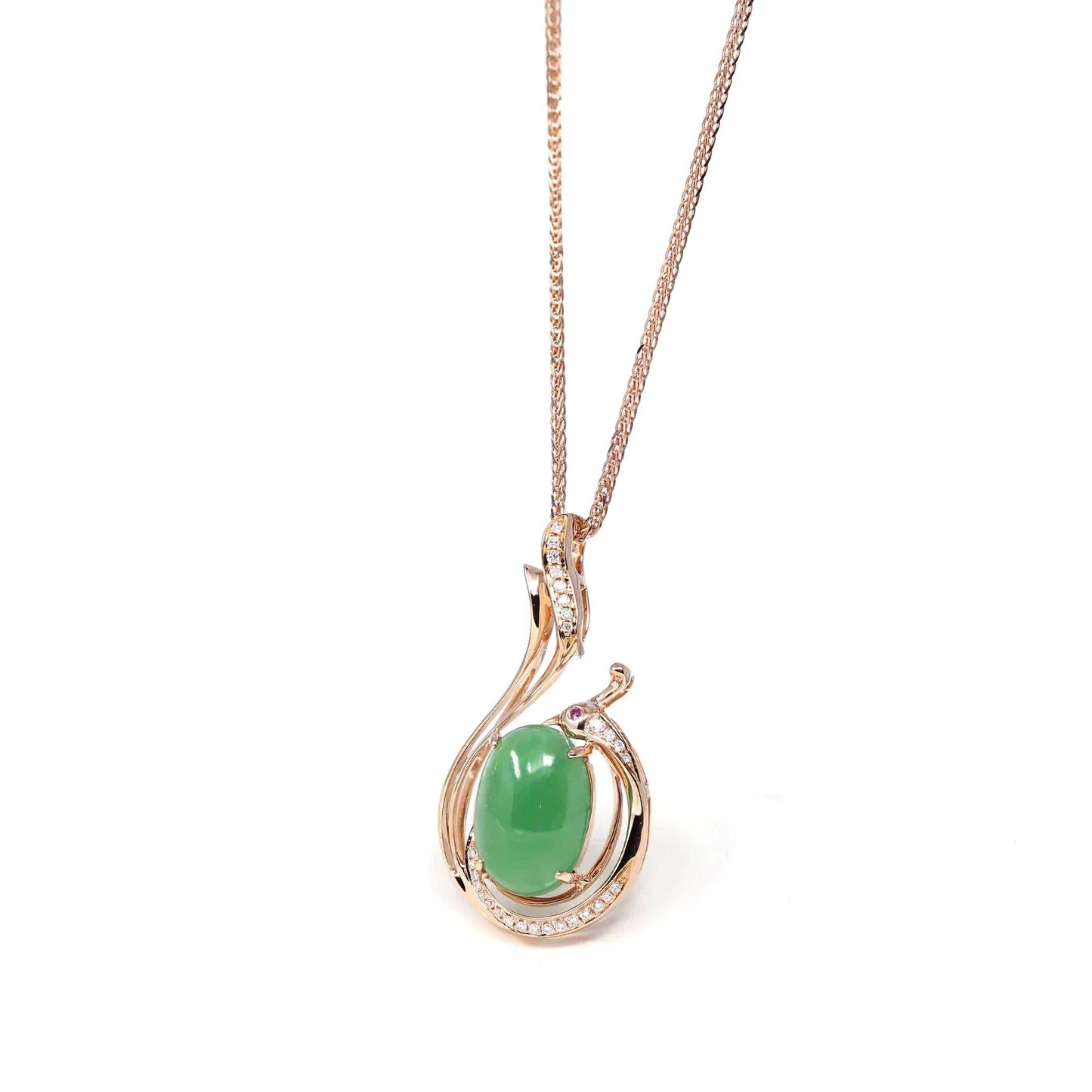 * DESIGN CONCEPT--- Made made with a stunning piece of Burmese imperial green jadeite jade. Exquisite 18k rose gold design. Accented by brilliant S1 G-H color diamonds. Jade of this quality is rare in the world. Modern/ timeless design motif. Yet