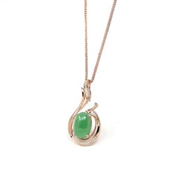 18k Rose Gold Oval Imperial Jadeite Jade Cabochon Necklace with Diamonds