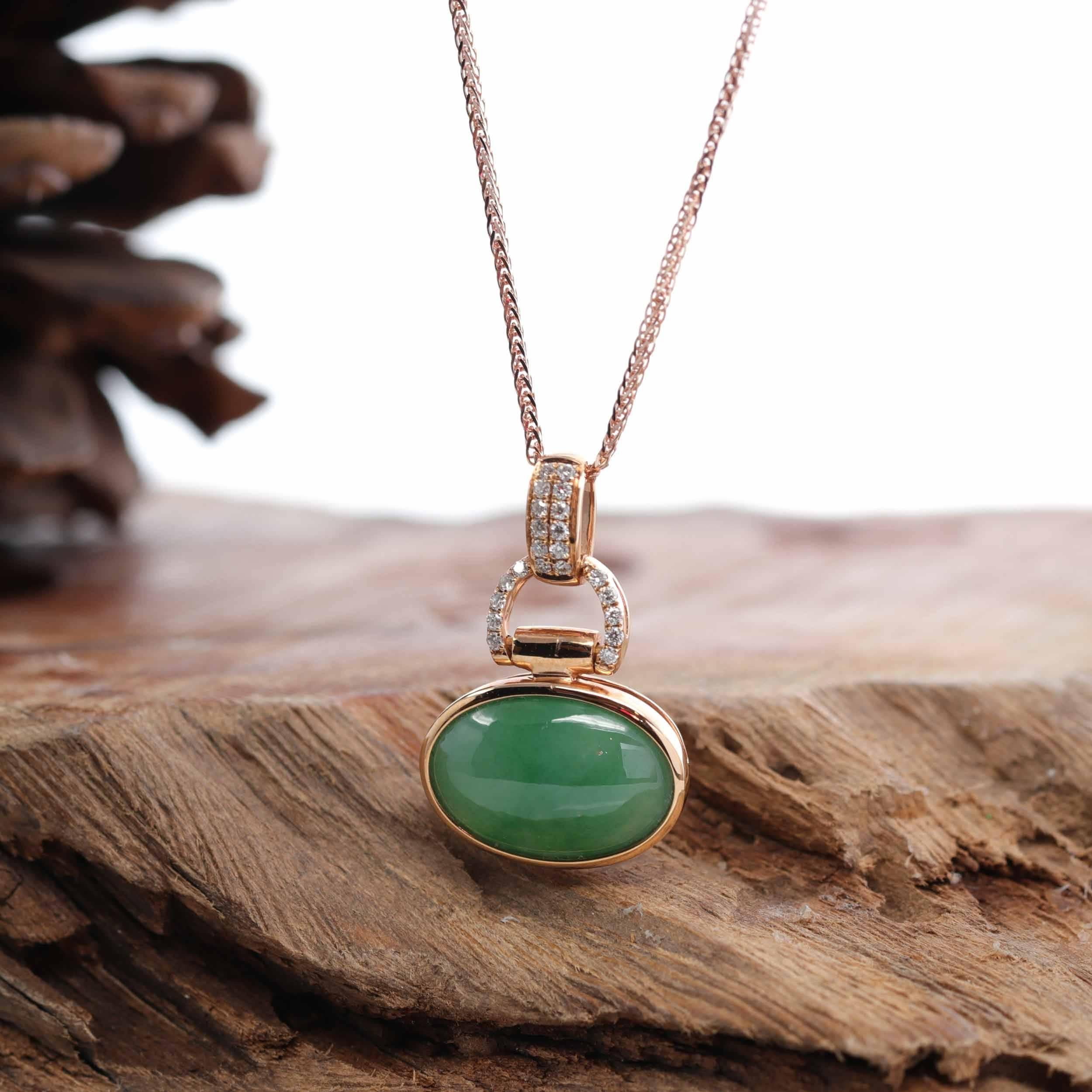 * DESIGN CONCEPT--- This necklace is made with an imperial green Burmese jadeite jade cabochon. The design is inspired by the timeless shape of an oval. A modern spin on a timeless design motif. Yet remains elements of tradition. Representing