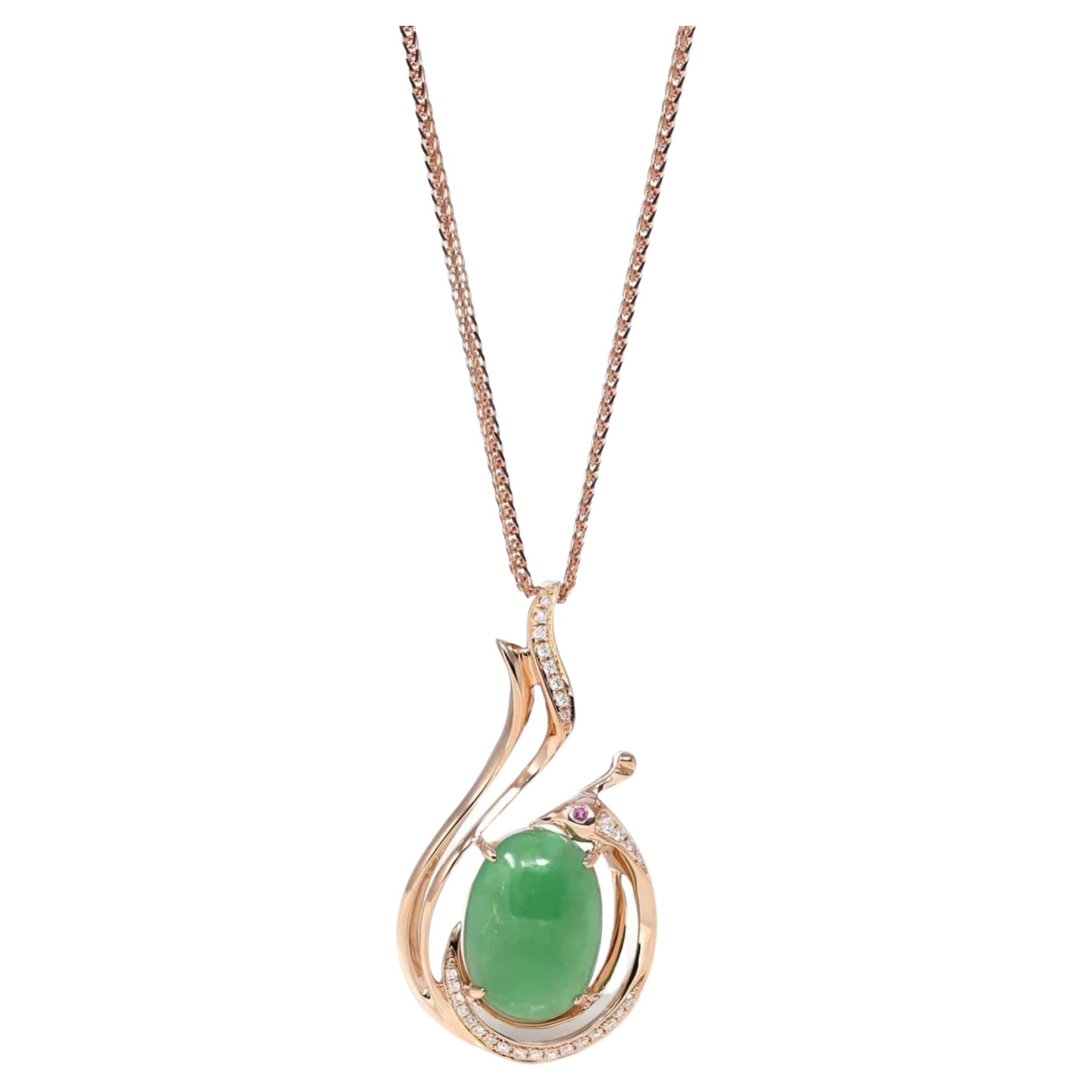 18 Karat Roségold Oval Imperial Jadeit Jade Cabochon Halskette mit Diamanten