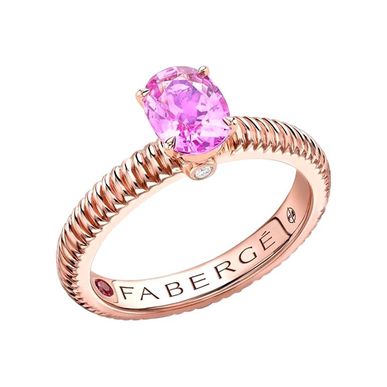 For Sale:  Fabergé 18K Rose Gold Oval Pink Sapphire Fluted Ring