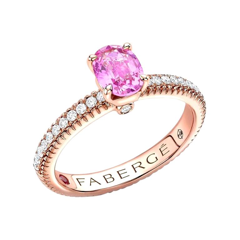 For Sale:  Fabergé 18k Rose Gold Oval Pink Sapphire Fluted Ring with Diamond Shoulders