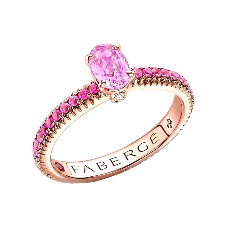 For Sale:  Fabergé 18K Rose Gold Oval Pink Sapphire Fluted Ring with Sapphire Shoulders