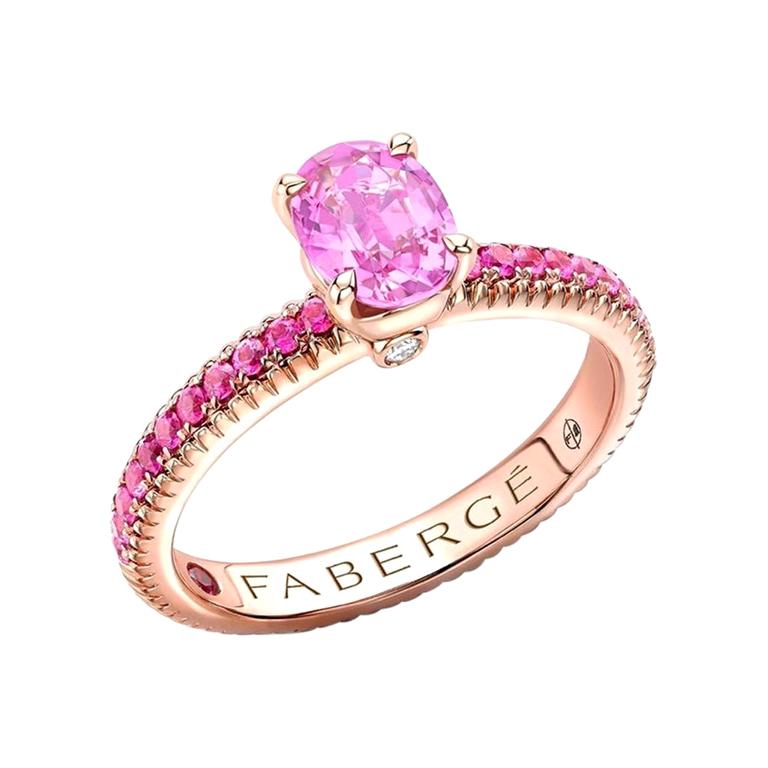 For Sale:  Fabergé 18k Rose Gold Oval Pink Sapphire Fluted Ring with Sapphire Shoulders