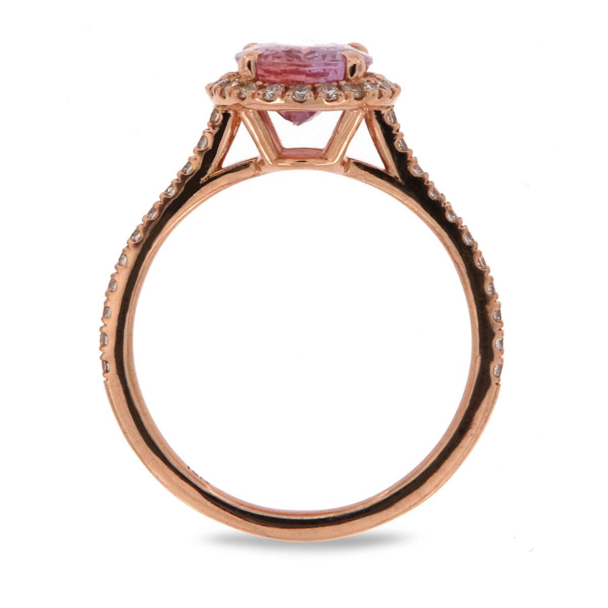 Oval Cut 18 Karat Rose Gold Oval Pink Sapphire Halo Ring GIA 'Center 2.11 ct.' For Sale