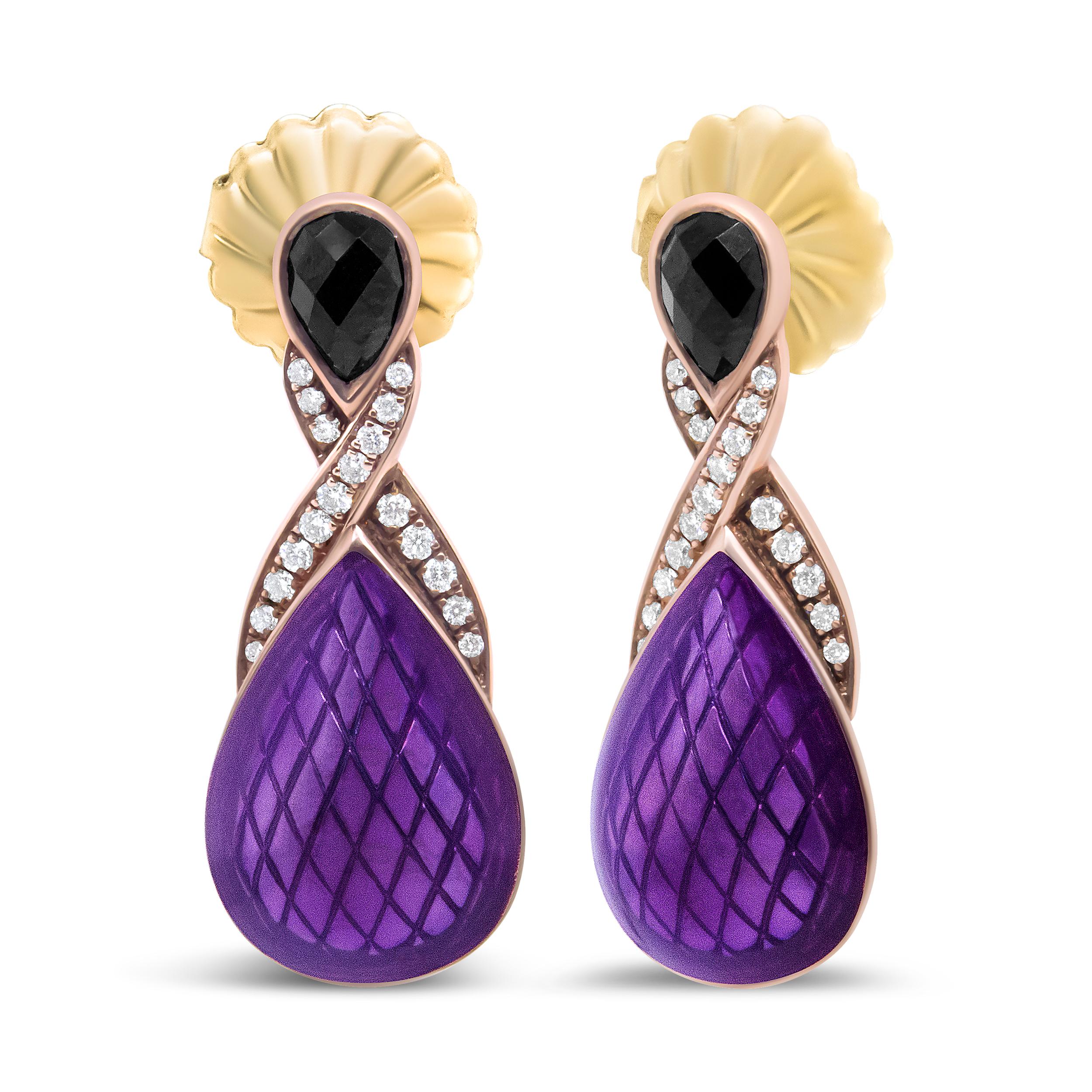 The detail in this pair of 18k rose gold flash plated .925 sterling silver drop earrings is outstanding! The upper dangle is set with the mysterious air of a natural color-treated black onyx in a 5.5 x 4mm pear shape. From this stone, the precious