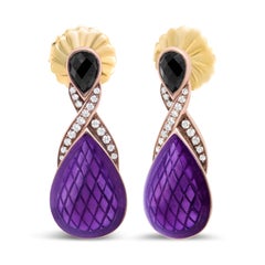18K Rose Gold Over Sterling Silver Purple Enamel 1/5 Ct Diamond Drop Earrings