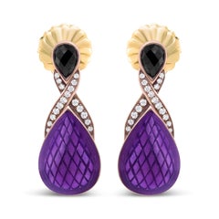 18K Rose Gold Over Sterling Silver Purple Enamel 1/5 Ct Diamond Drop Earrings