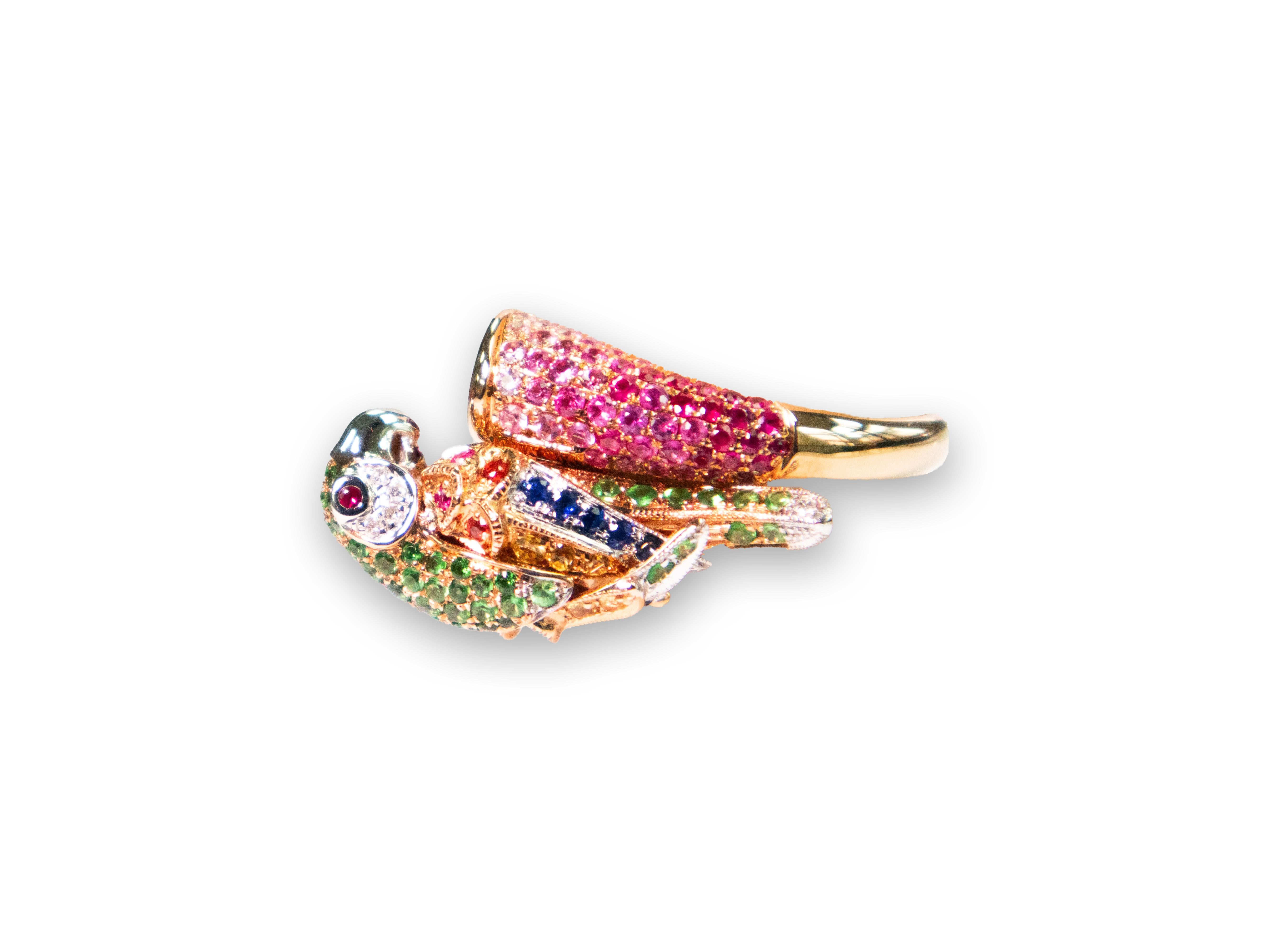 Modern 18K Rose Gold Parrot Ring with Green Garnet For Sale