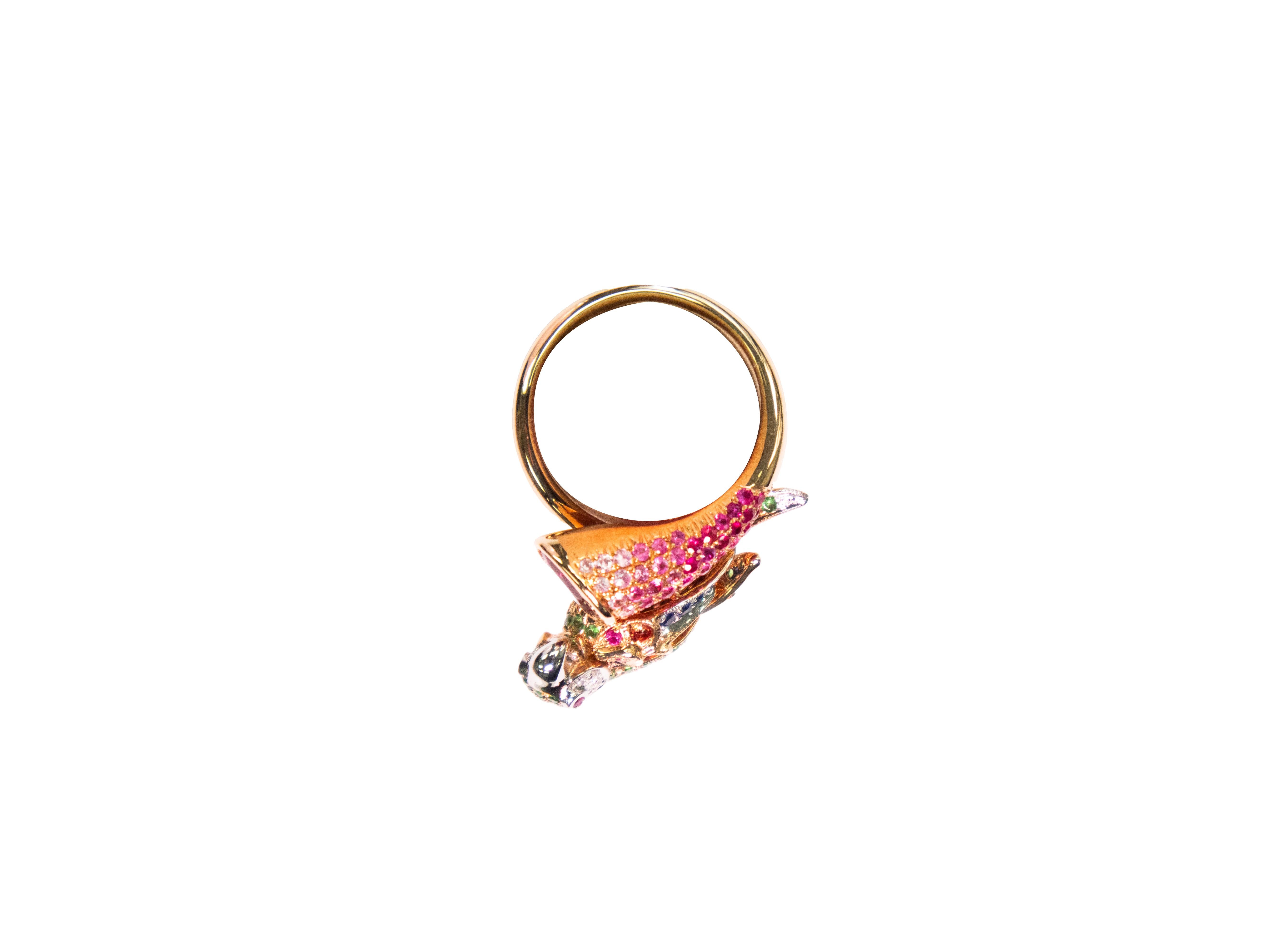 Rose Cut 18K Rose Gold Parrot Ring with Green Garnet For Sale