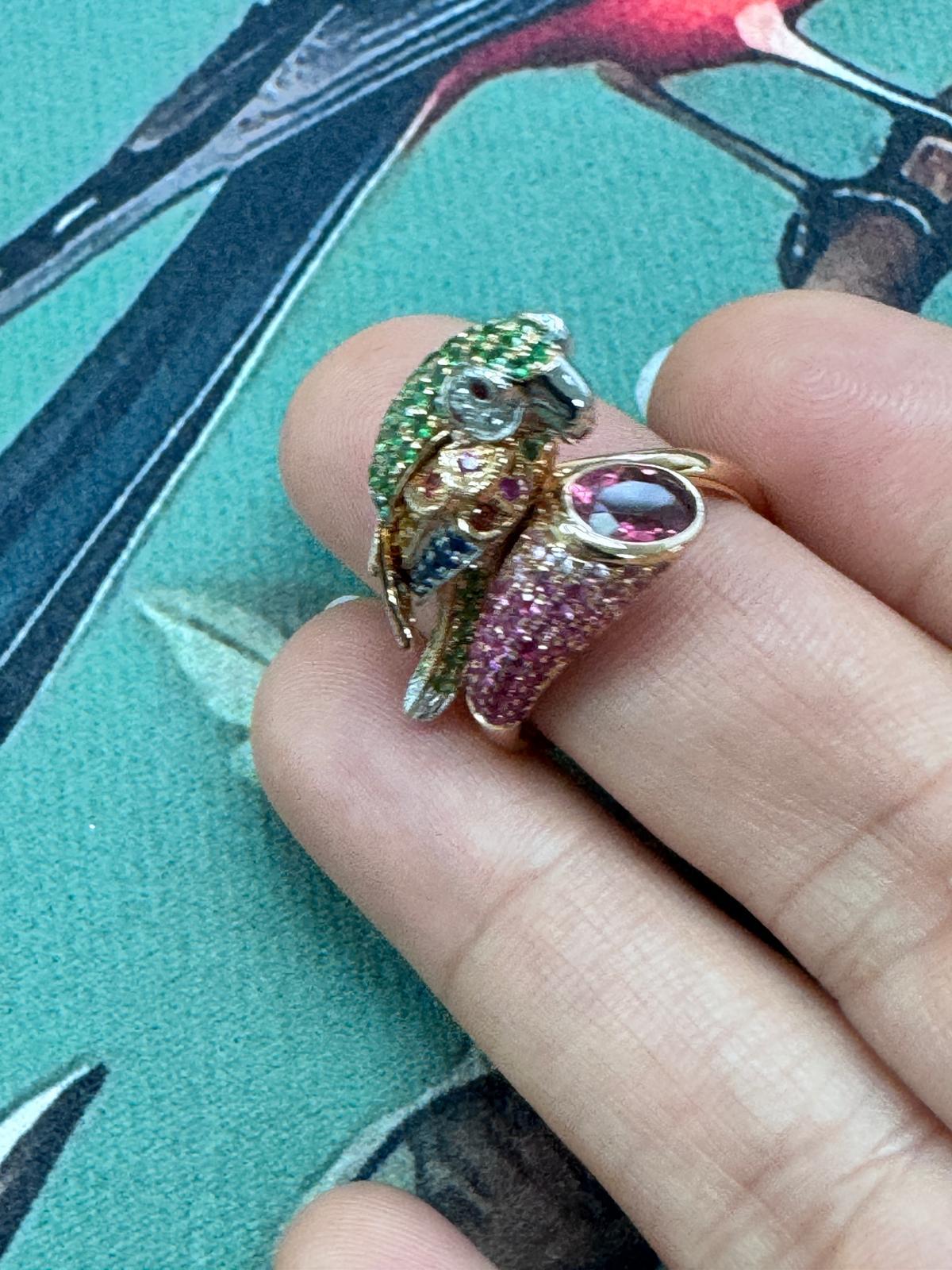 Women's 18K Rose Gold Parrot Ring with Green Garnet For Sale