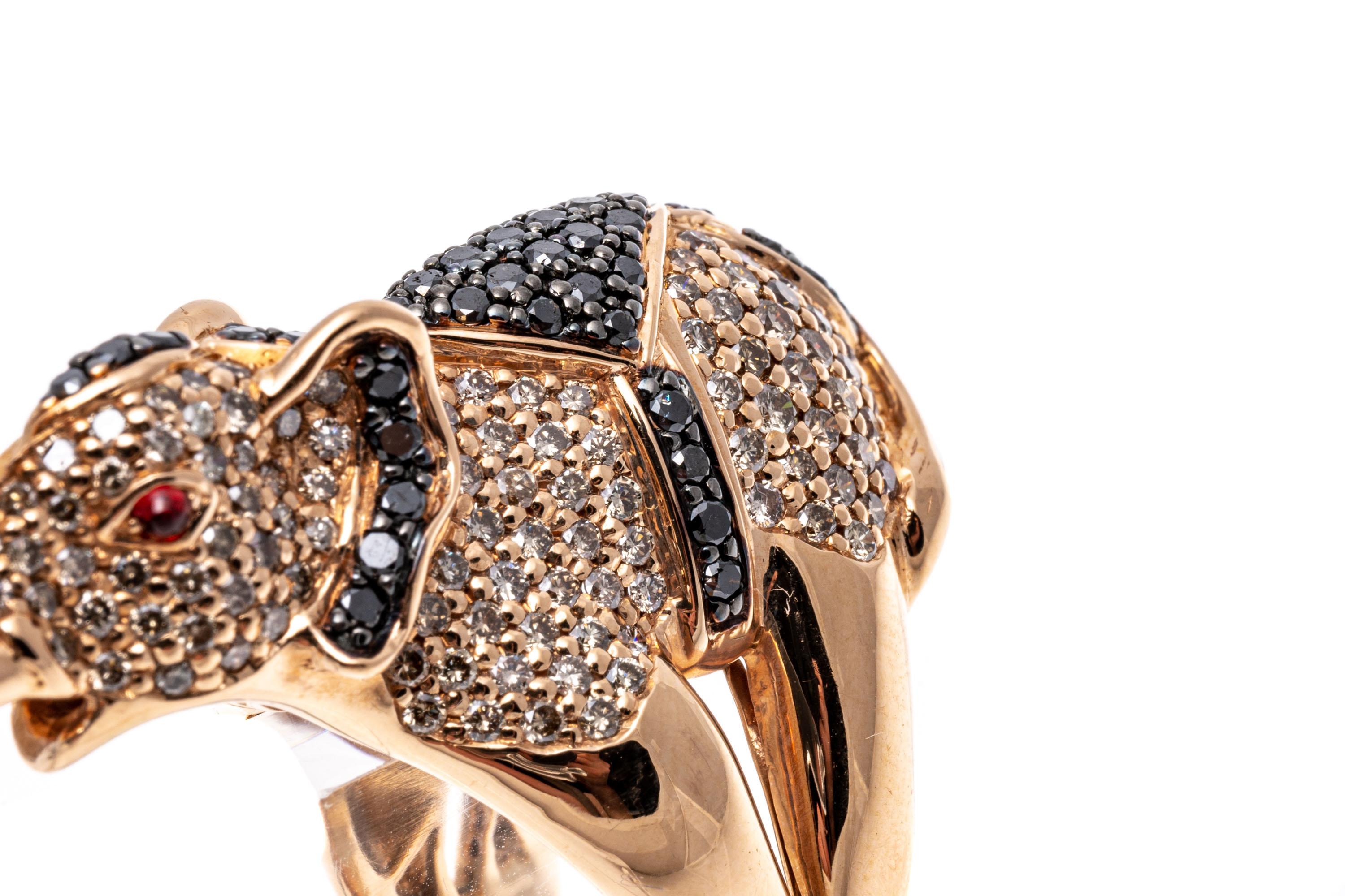 18k Rose Gold Pave Black and White Diamond Balancing Elephant Ring For Sale 1