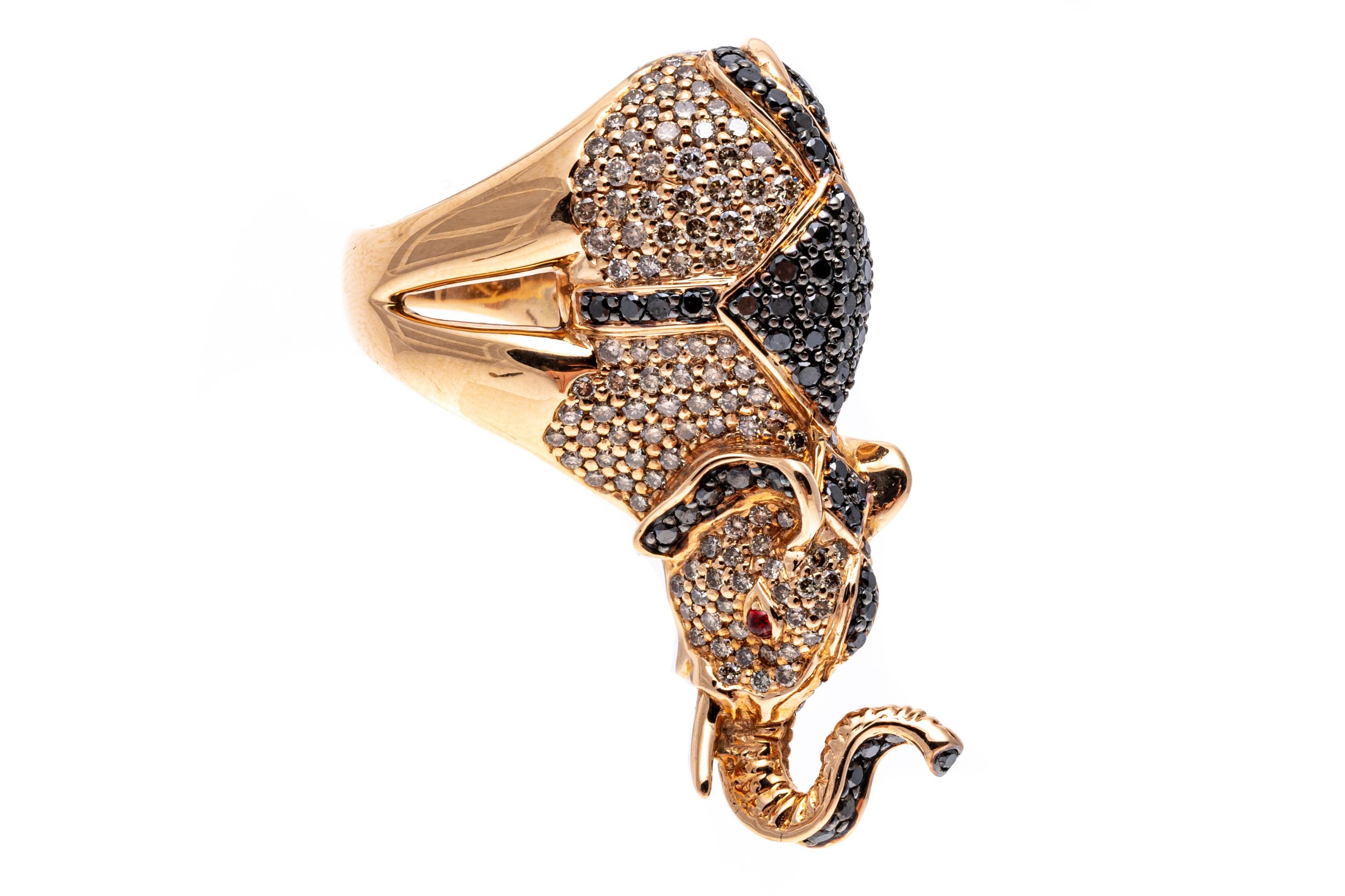 18k Rose Gold Pave Black and White Diamond Balancing Elephant Ring For Sale 3