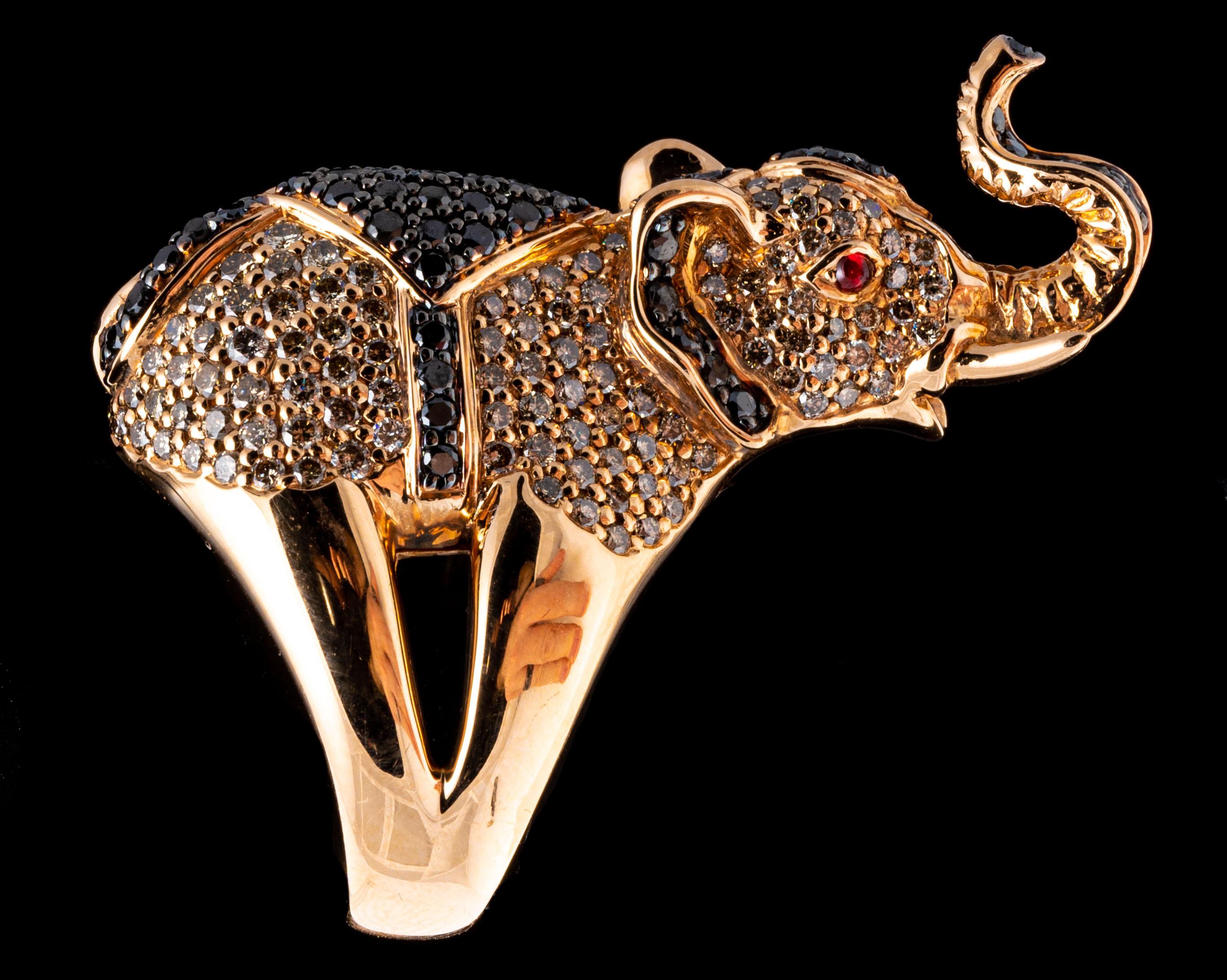 18k Rose Gold Pave Black and White Diamond Balancing Elephant Ring For Sale 6