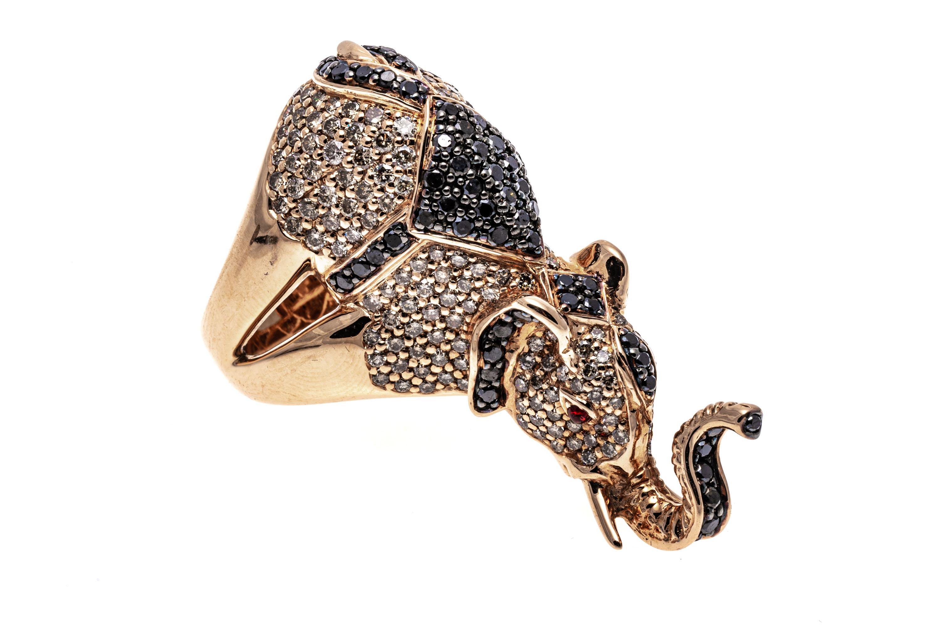 18k Rose Gold Pave Black and White Diamond Balancing Elephant Ring For Sale 7