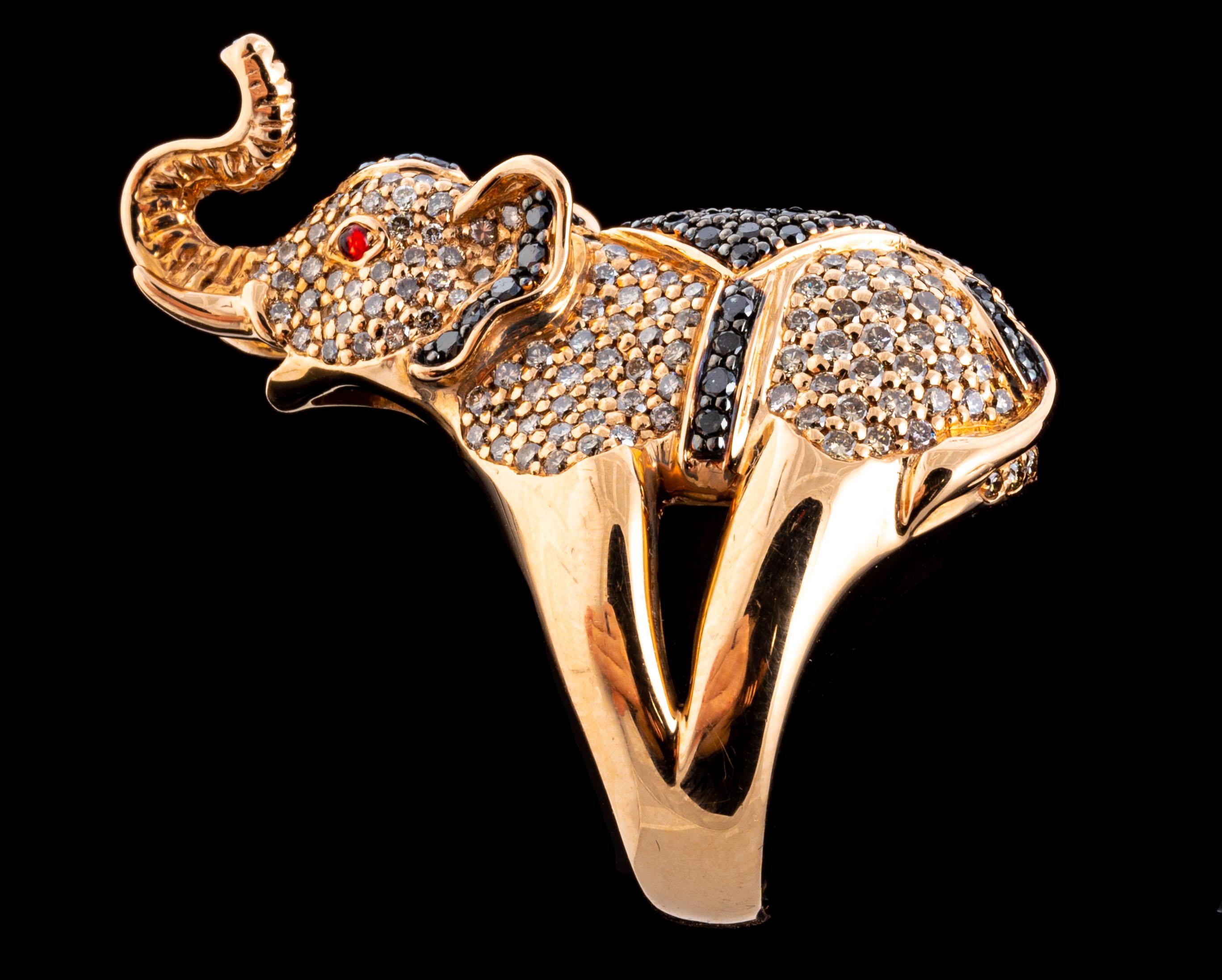 18k Rose Gold Pave Black and White Diamond Balancing Elephant Ring For Sale 8