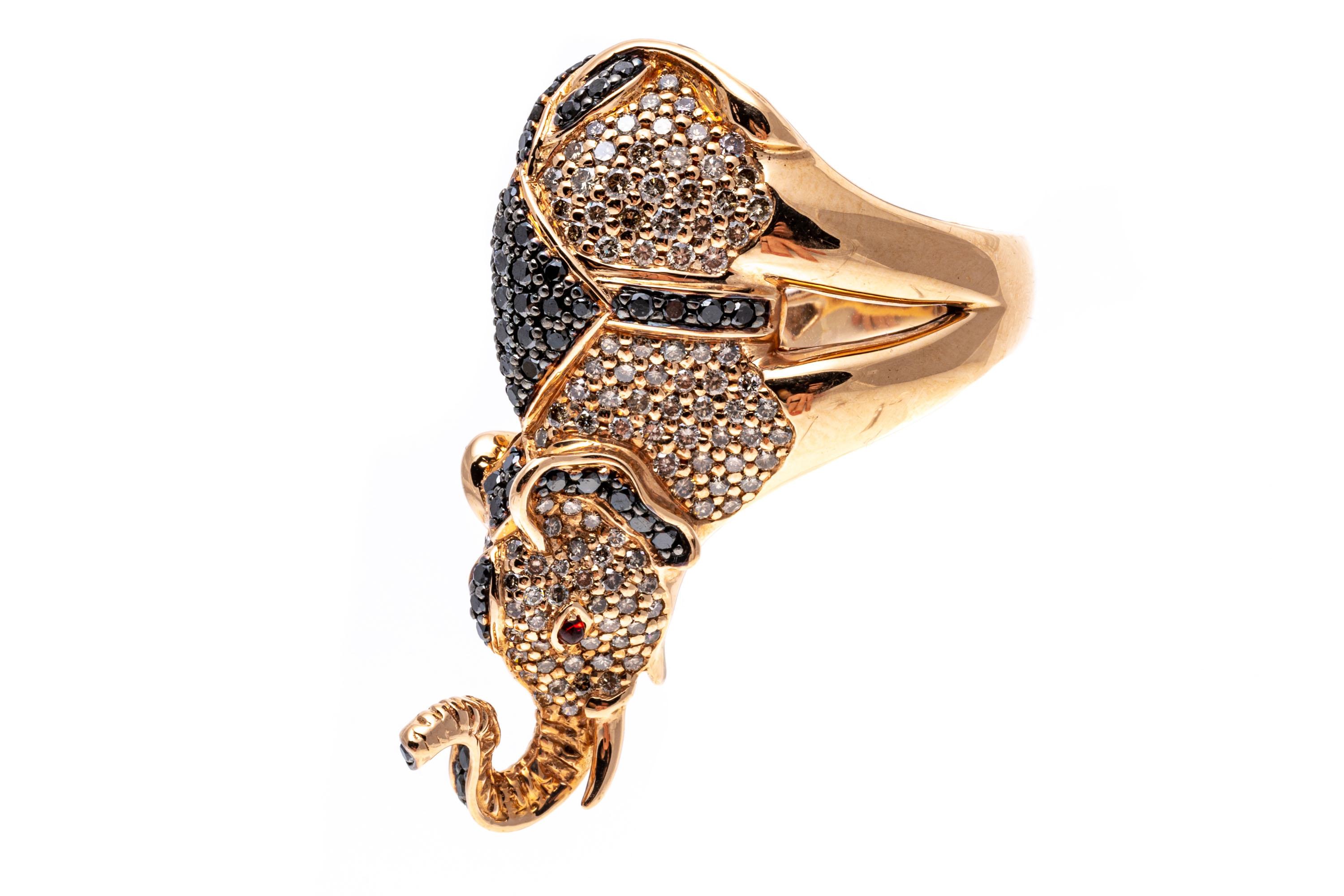 Bague éléphant balancier en or rose 18 carats pavé de diamants noirs et blancs en vente 12