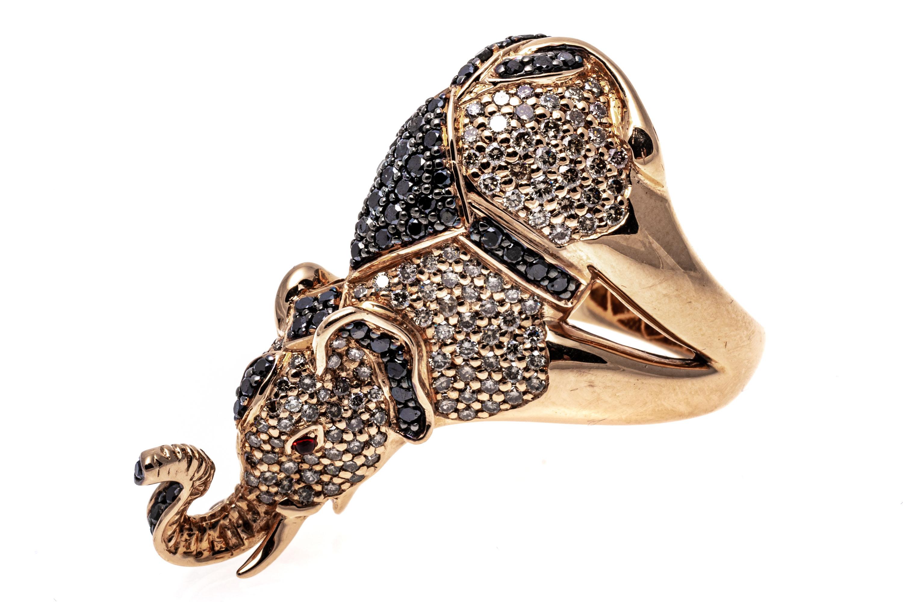 Contemporary 18k Rose Gold Pave Black and White Diamond Balancing Elephant Ring For Sale