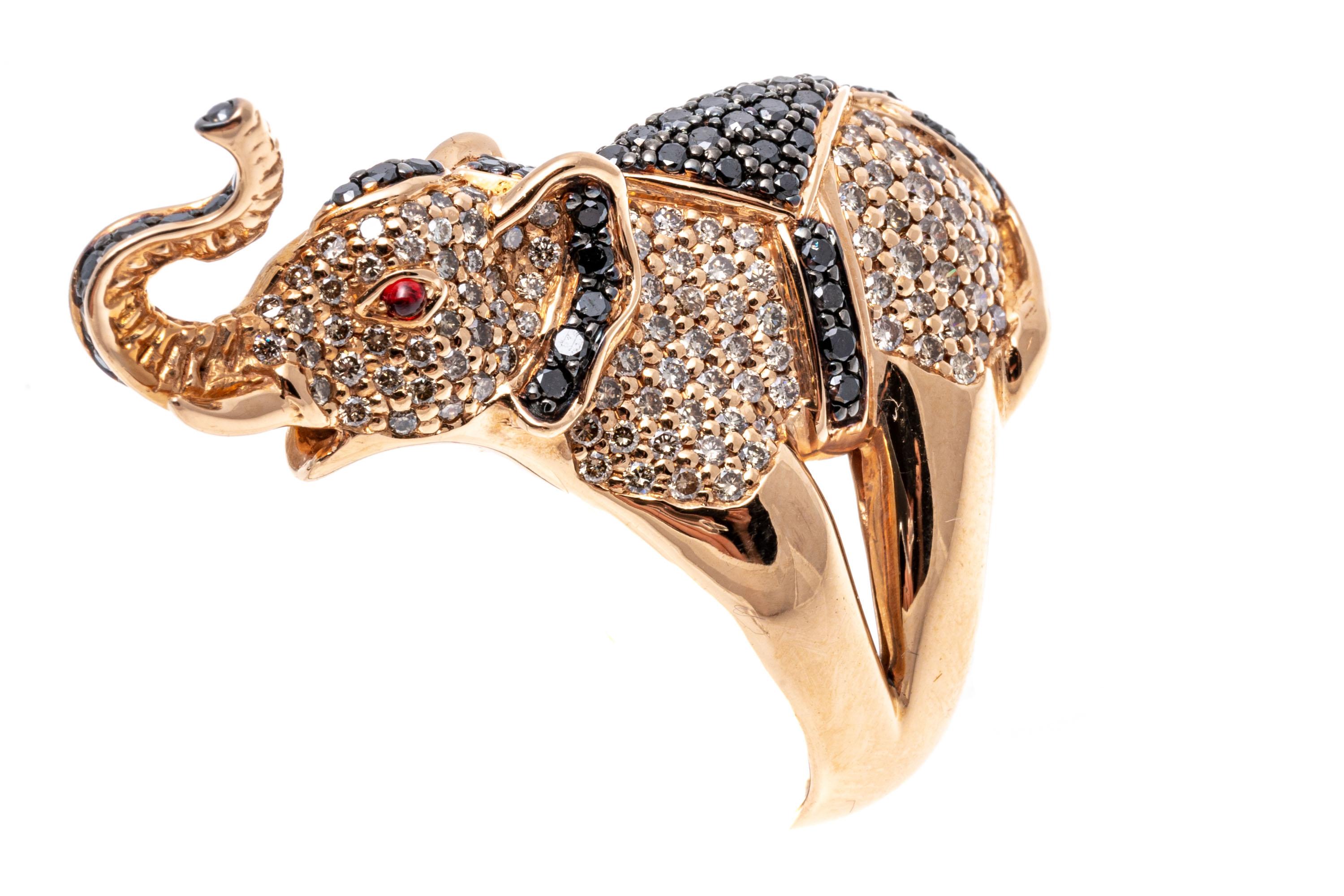 18k Rose Gold Pave Black and White Diamond Balancing Elephant Ring In Good Condition For Sale In Southport, CT