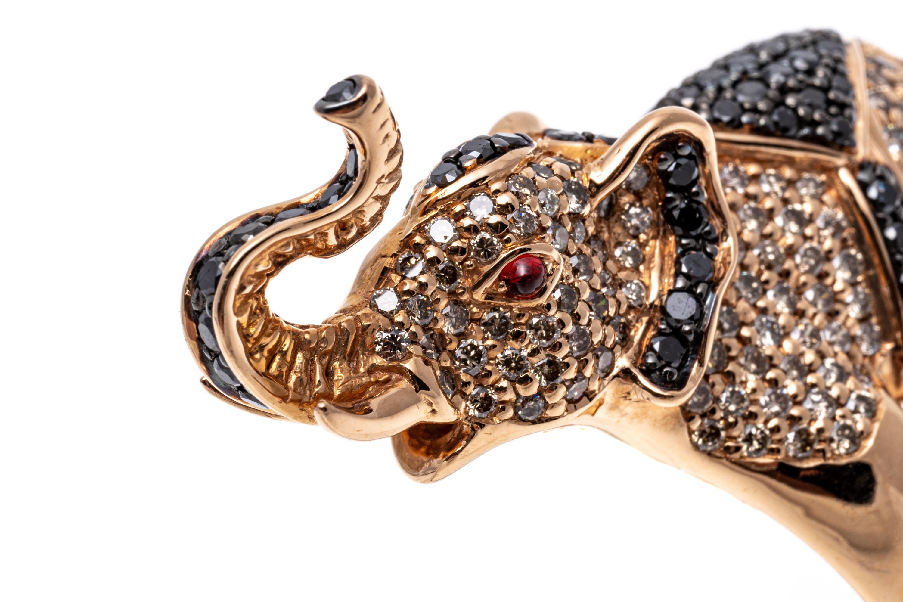 Women's 18k Rose Gold Pave Black and White Diamond Balancing Elephant Ring For Sale