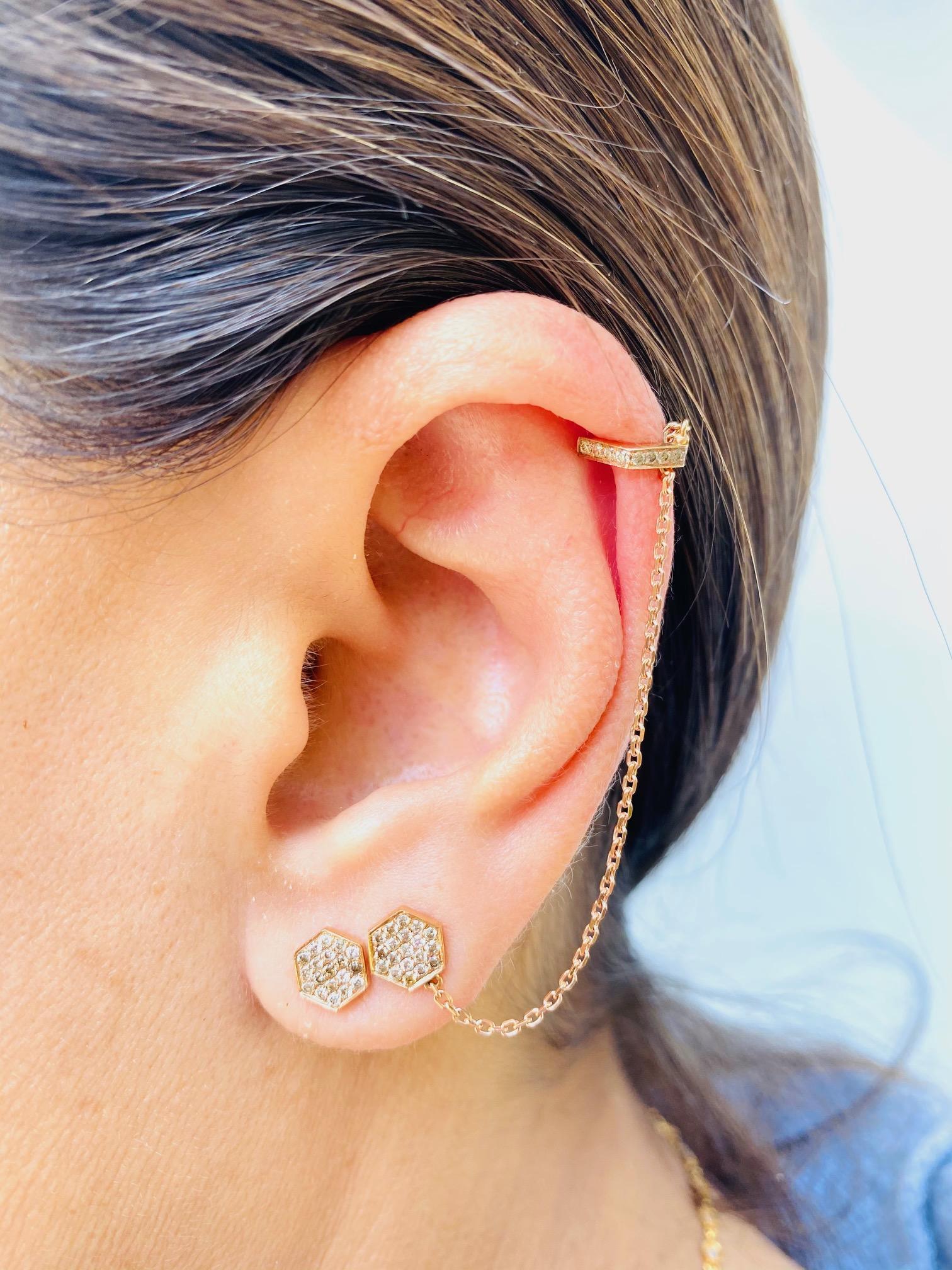 18K Rose Gold, Pave Brown Diamond Octagon Chain Earcuff with Matching Stud
.40 cts. Brown Diamonds