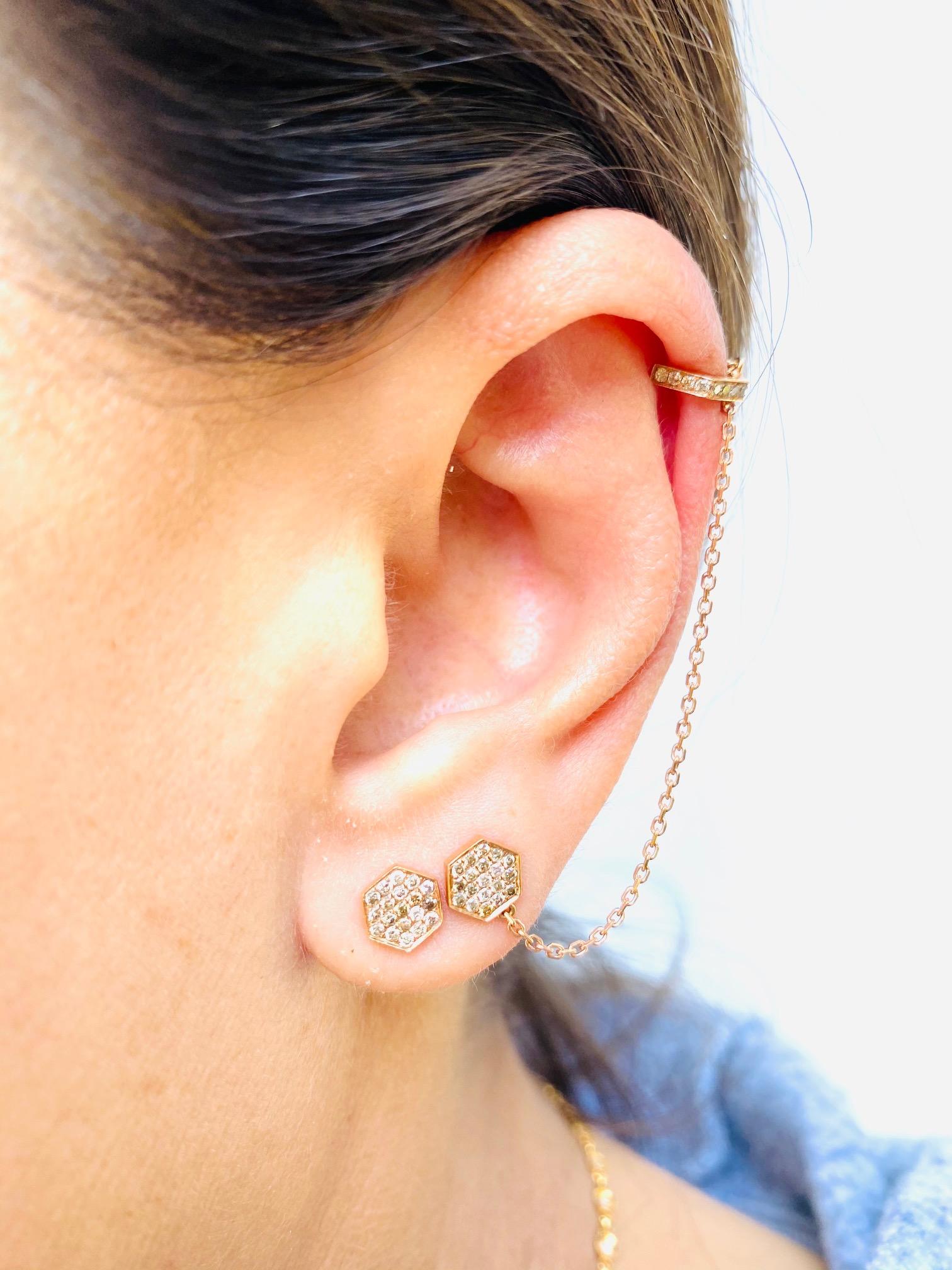 Modern 18K Rose Gold, Pave Brown Diamond Octagon Chain Earcuff with Matching Stud For Sale