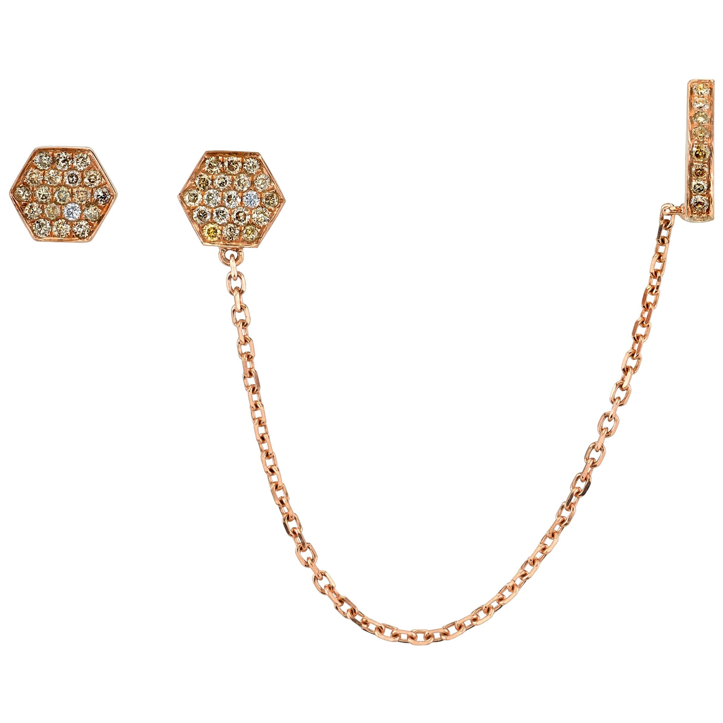 18K Rose Gold, Pave Brown Diamond Octagon Chain Earcuff with Matching Stud