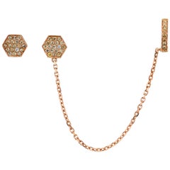 18K Rose Gold, Pave Brown Diamond Octagon Chain Earcuff with Matching Stud