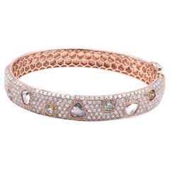 18k Rose Gold Pave Diamond Bangle Bracelet w/Multi Color Sliced Diamond Stations