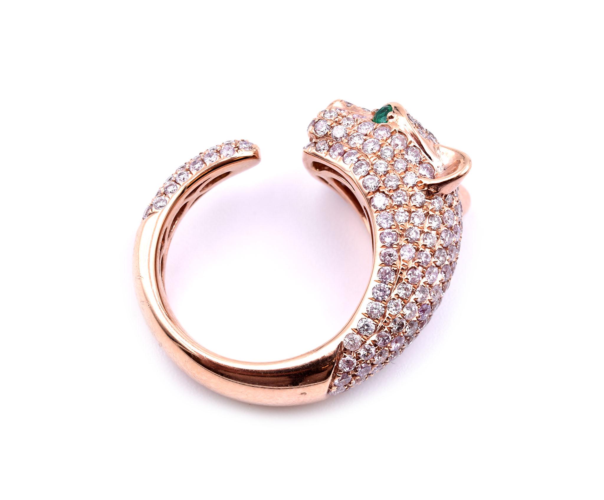 18 Karat Rose Gold Pave Diamond Panther Ring with Emerald Eyes In Excellent Condition In Scottsdale, AZ