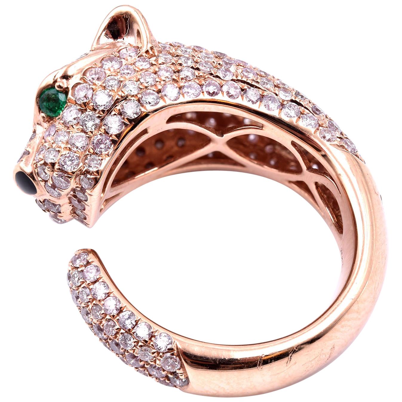 18 Karat Rose Gold Pave Diamond Panther Ring with Emerald Eyes