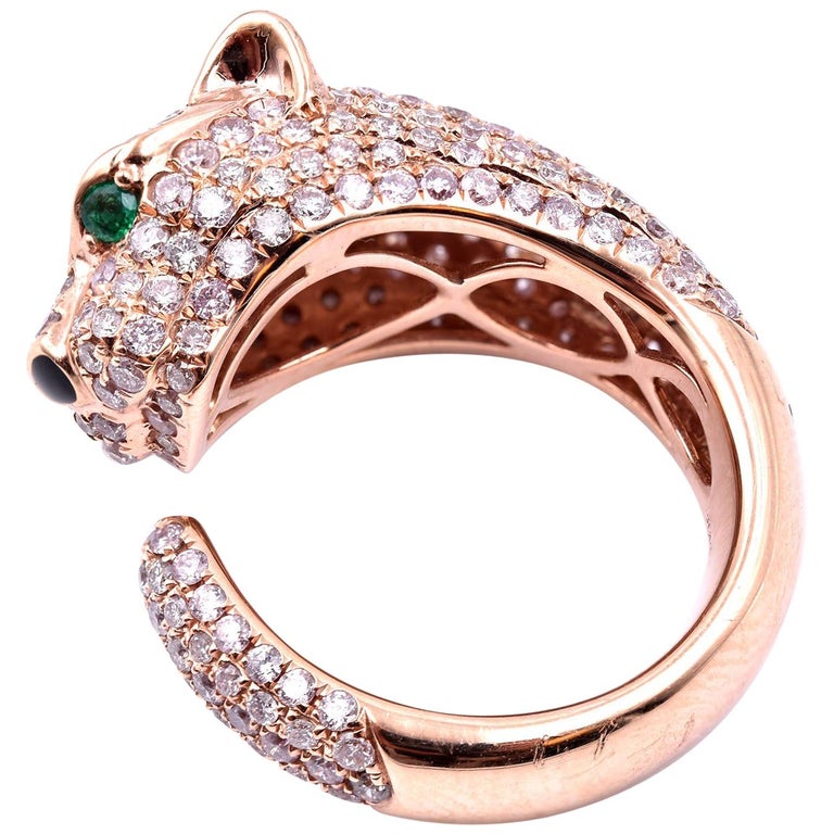 18 Karat Rose Gold Pave Diamond Panther Ring with Emerald Eyes at 1stDibs